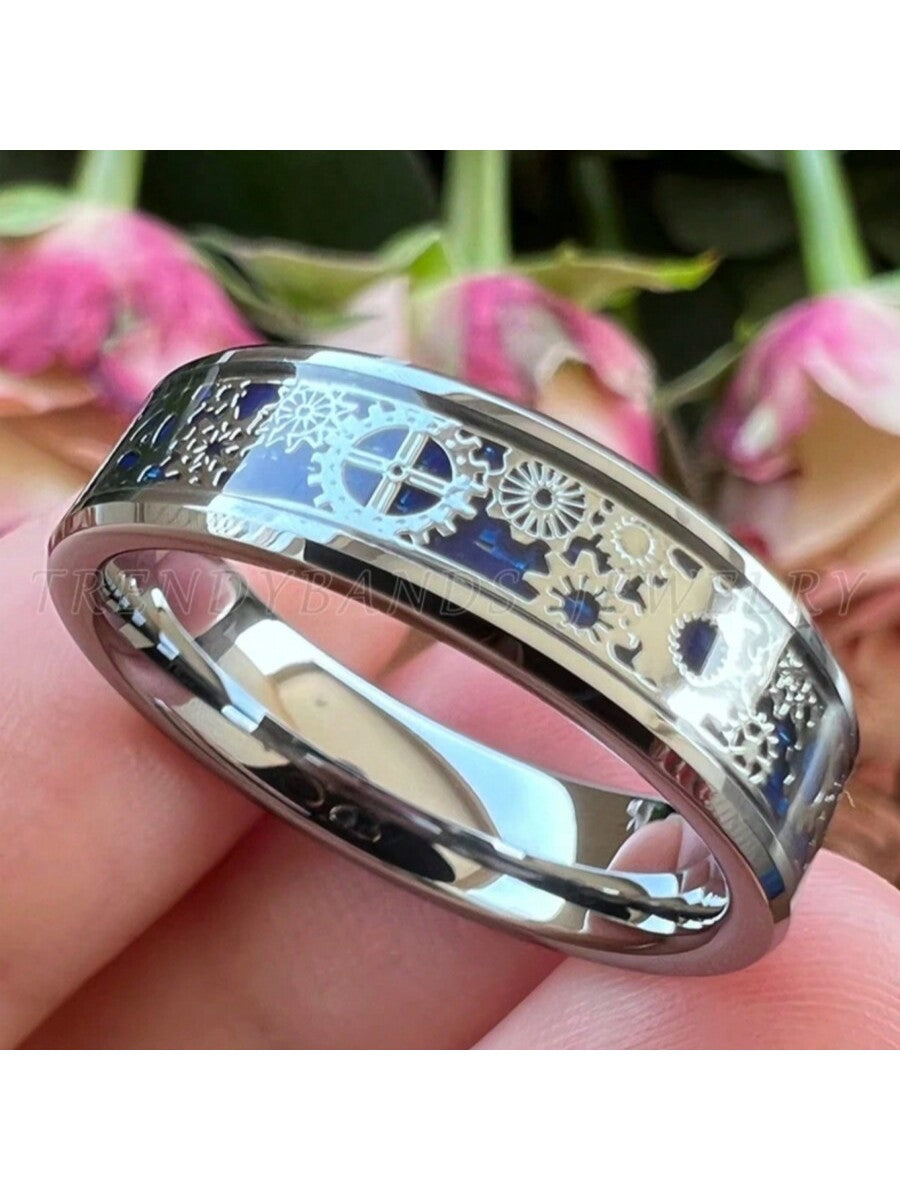 Men's Punk Blue Gear Wheel Stainless Steel Wedding Ring – Sizes 7 to 13 7 8