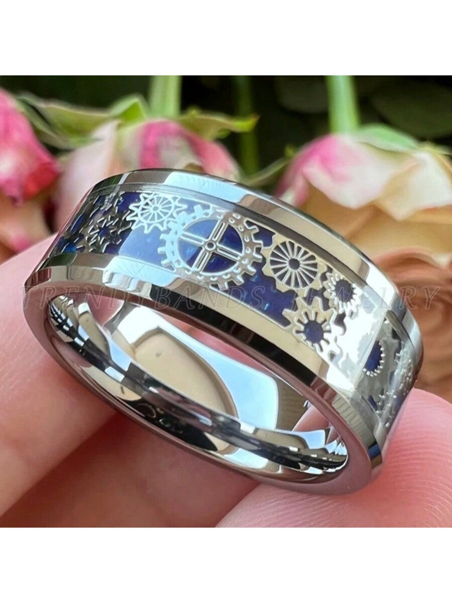 Men's Punk Blue Gear Wheel Stainless Steel Wedding Ring – Sizes 7 to 13 7 8