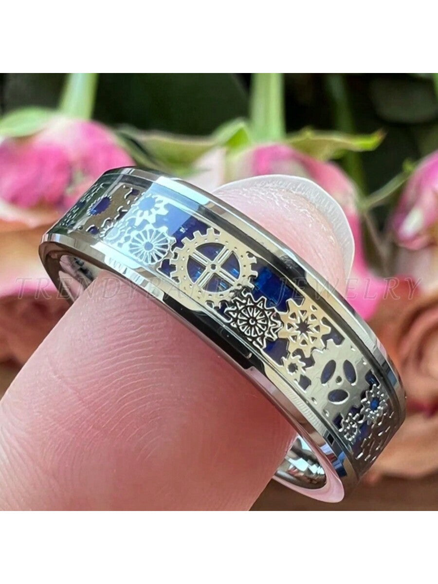 Men's Punk Blue Gear Wheel Stainless Steel Wedding Ring – Sizes 7 to 13 7 8