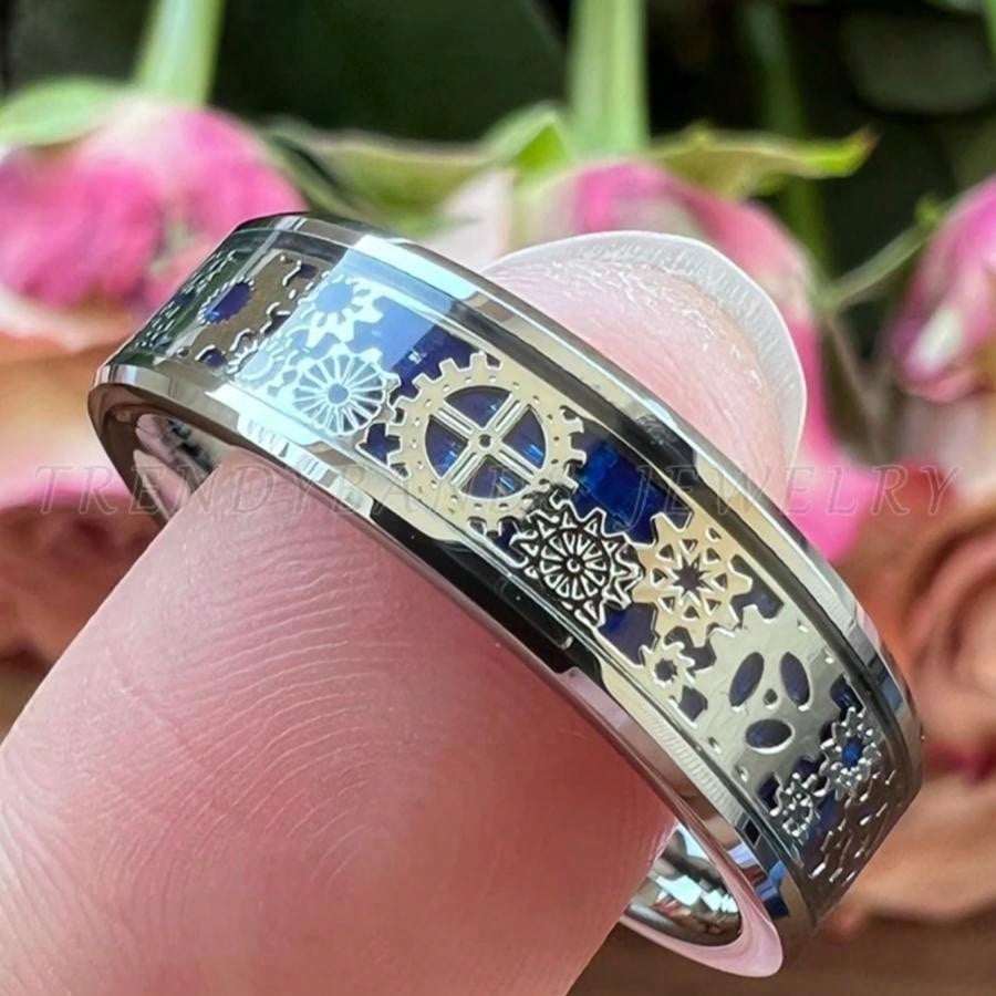 Men's Punk Blue Gear Wheel Stainless Steel Wedding Ring – Sizes 7 to 13 7 8