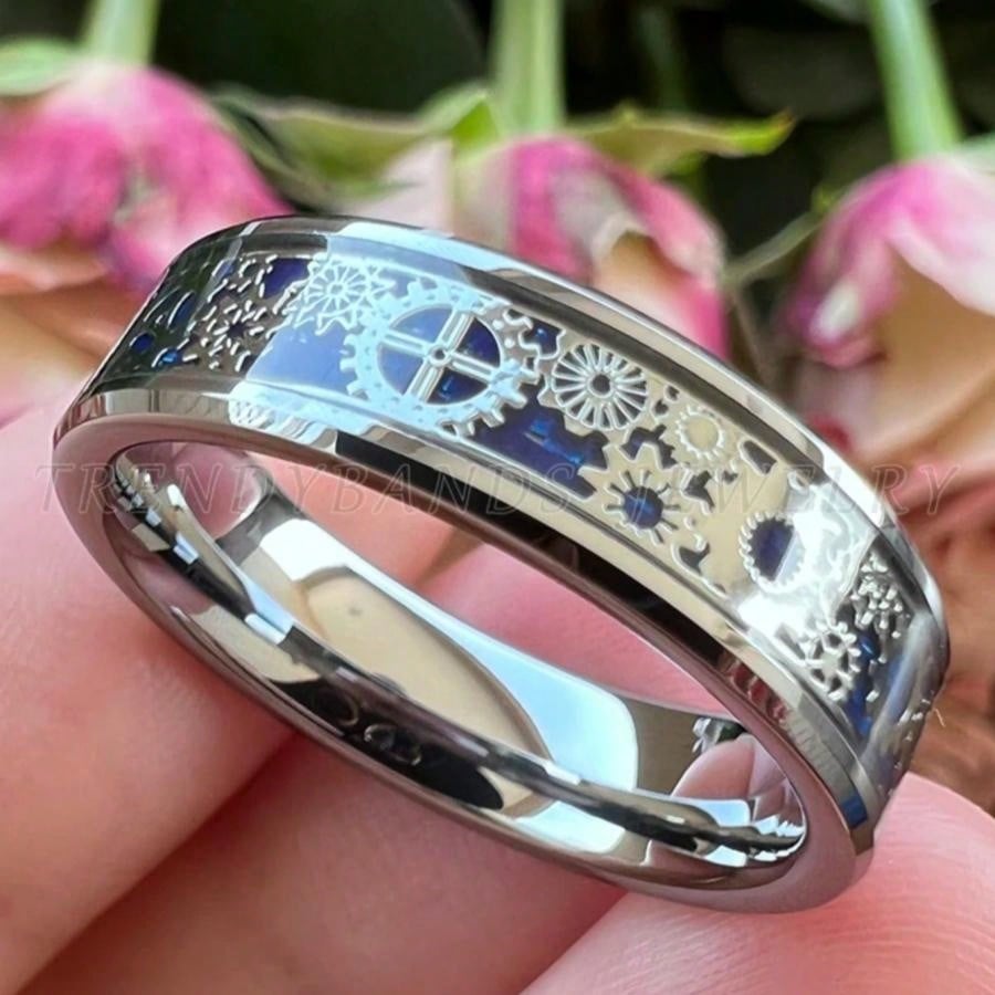 Men's Punk Blue Gear Wheel Stainless Steel Wedding Ring – Sizes 7 to 13 7 8