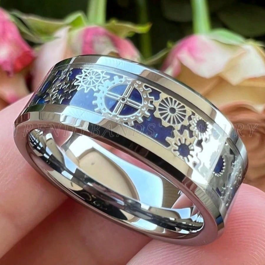 Men's Punk Blue Gear Wheel Stainless Steel Wedding Ring – Sizes 7 to 13 7 8