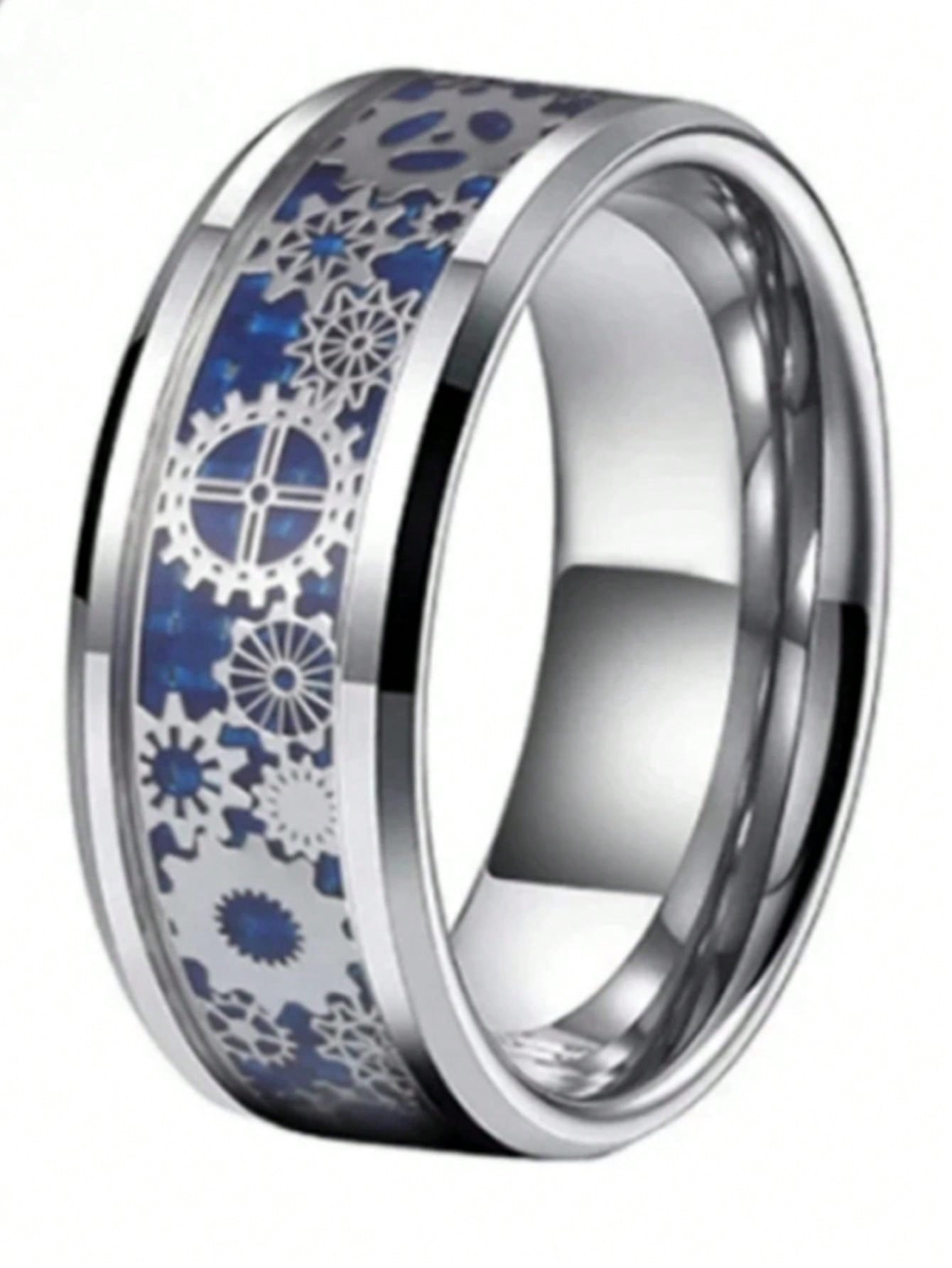 Men's Punk Blue Gear Wheel Stainless Steel Wedding Ring – Sizes 7 to 13 7 8