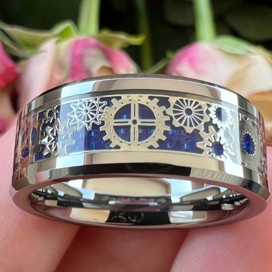 Men's Punk Blue Gear Wheel Stainless Steel Wedding Ring – Sizes 7 to 13 7 8