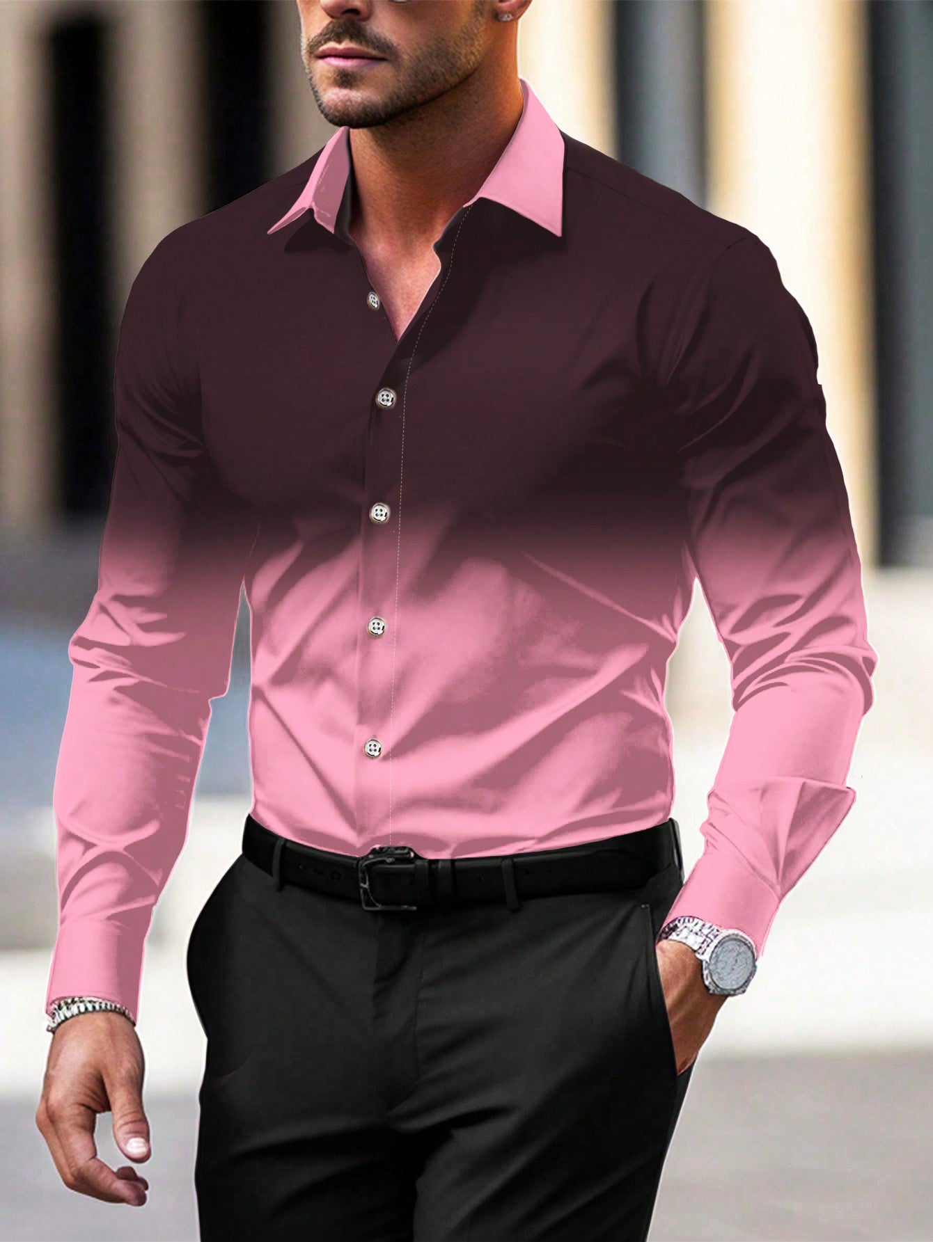 Summer Gradient Long Sleeve Business Shirt for Men - Stylish Travel Essential Royal Blue / XS Royal Blue / S