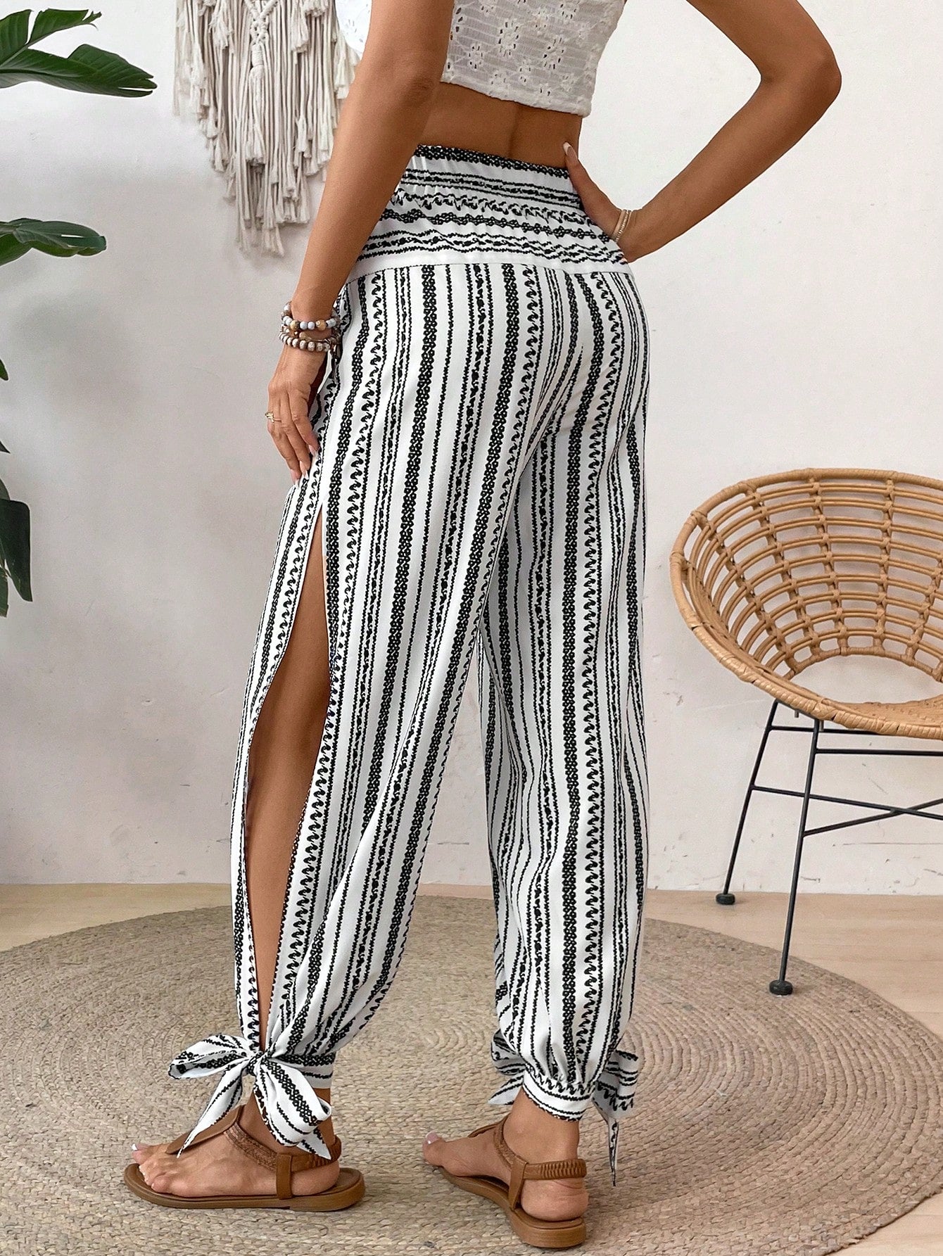 Women's Floral Striped Side Slit Casual Vacation Pants for Effortless Style Multicolor / S Multicolor / M Multicolor / L Multicolor / S-Multicolor / M-Multicolor / L-Multicolor / XL-Blue and White / S-Blue and White / M-Blue and White / L-Blue and White / XL-
