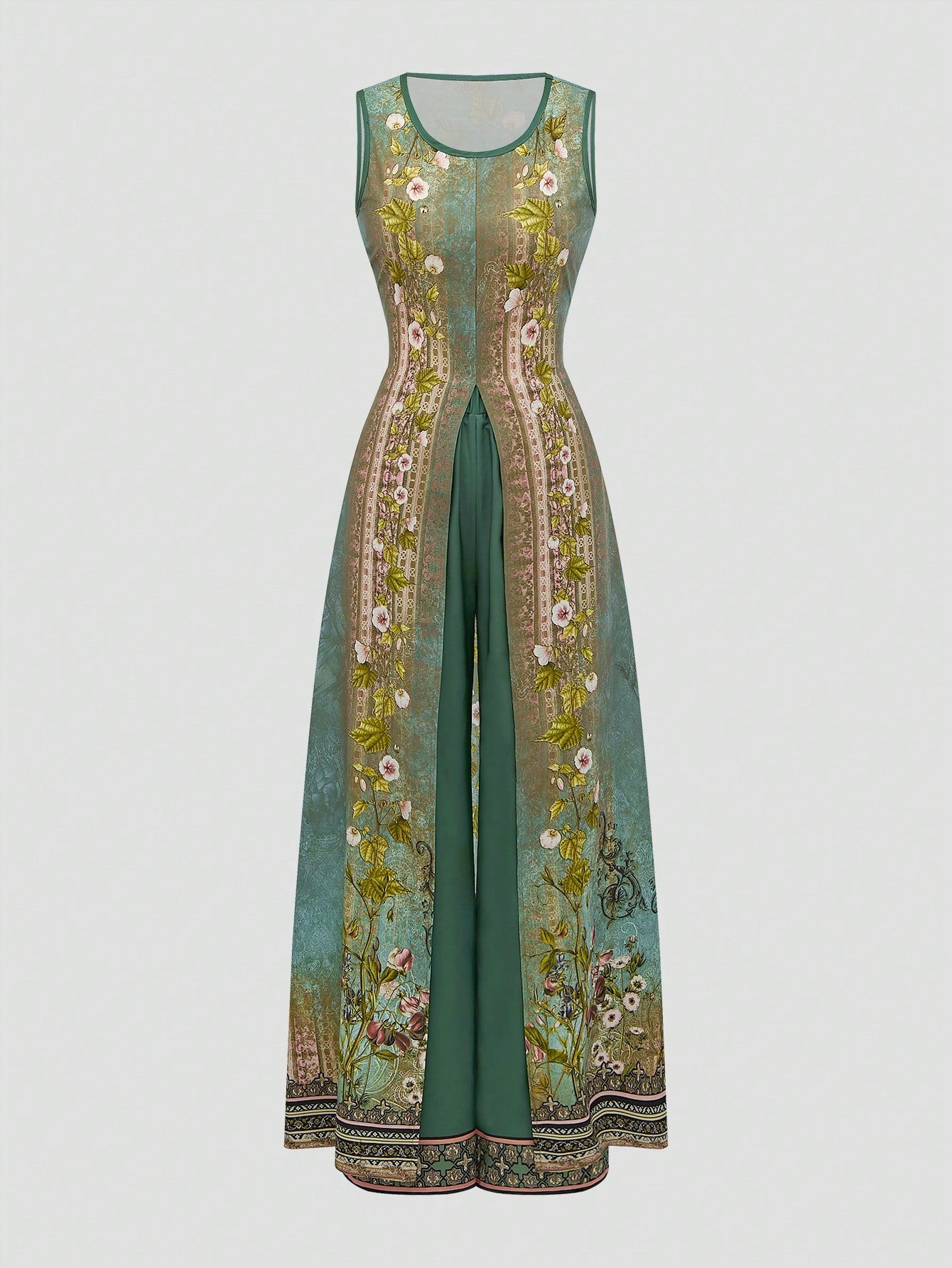 Chic Summer Ensemble: Women's Sleeveless Top & Wide Leg Pants Set with Floral Trim S M L S-M-L-XL-