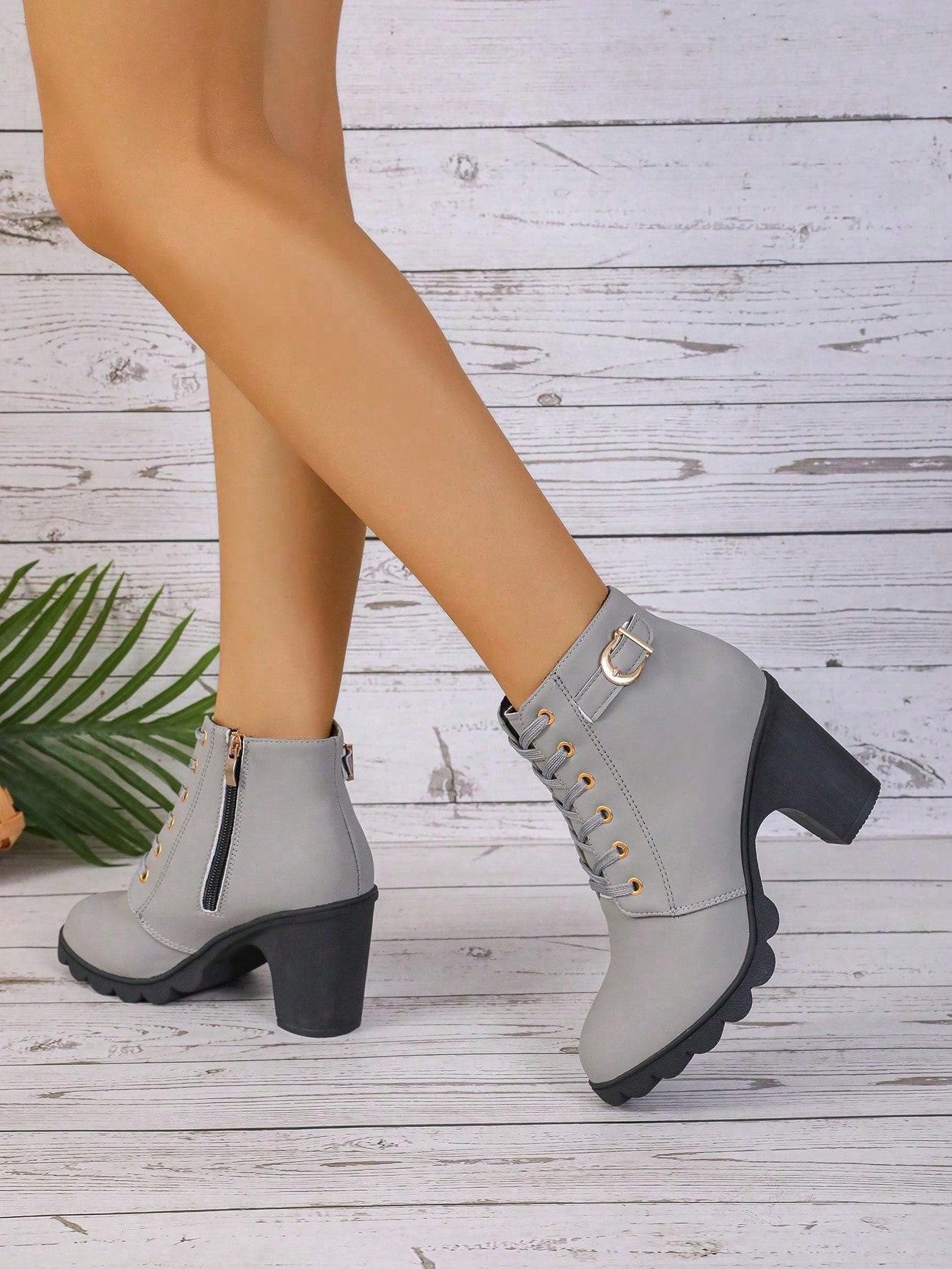 Chic Gray Lace-Up Ankle Boots with Side Zipper and Chunky High Heel CN35 CN36