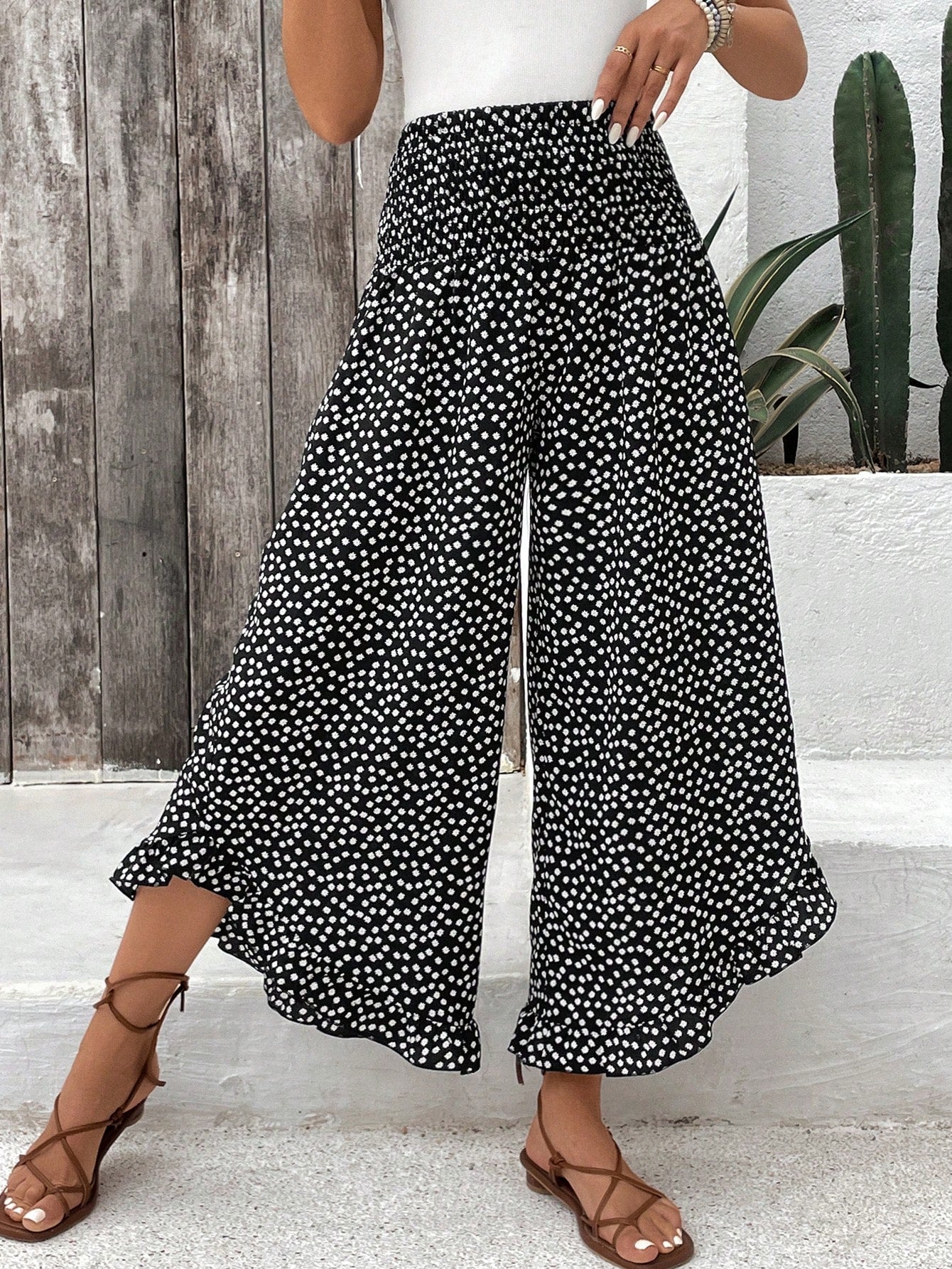 Trendy Black Floral Long Pants with Ruffle Hem for Stylish Summer Outings Multicolor / S Black / S Black / M Multicolor / S-Black / S-Black / M-Black / L-Black / XL-