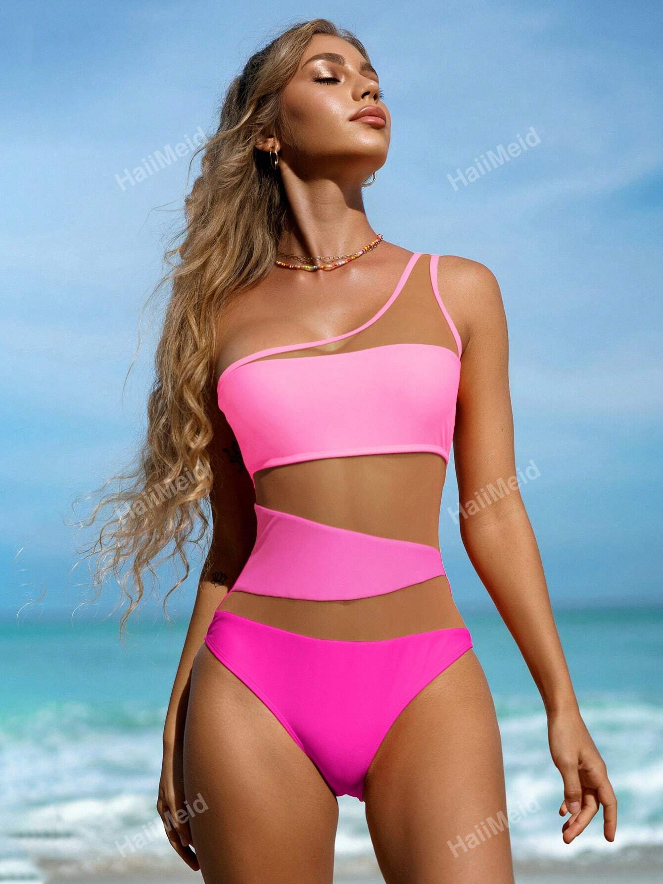 Stylish One-Shoulder Mesh Patchwork Swimsuit for a Trendy Summer Pink / XS Pink / S Pink / M Pink / XS-Pink / S-Pink / M-Pink / L-Pink / XL-Orange / XS-Orange / S-Orange / M-Orange / L-Orange / XL-Navy Blue / S-Navy Blue / M-Navy Blue / L-Navy Blue / XL-