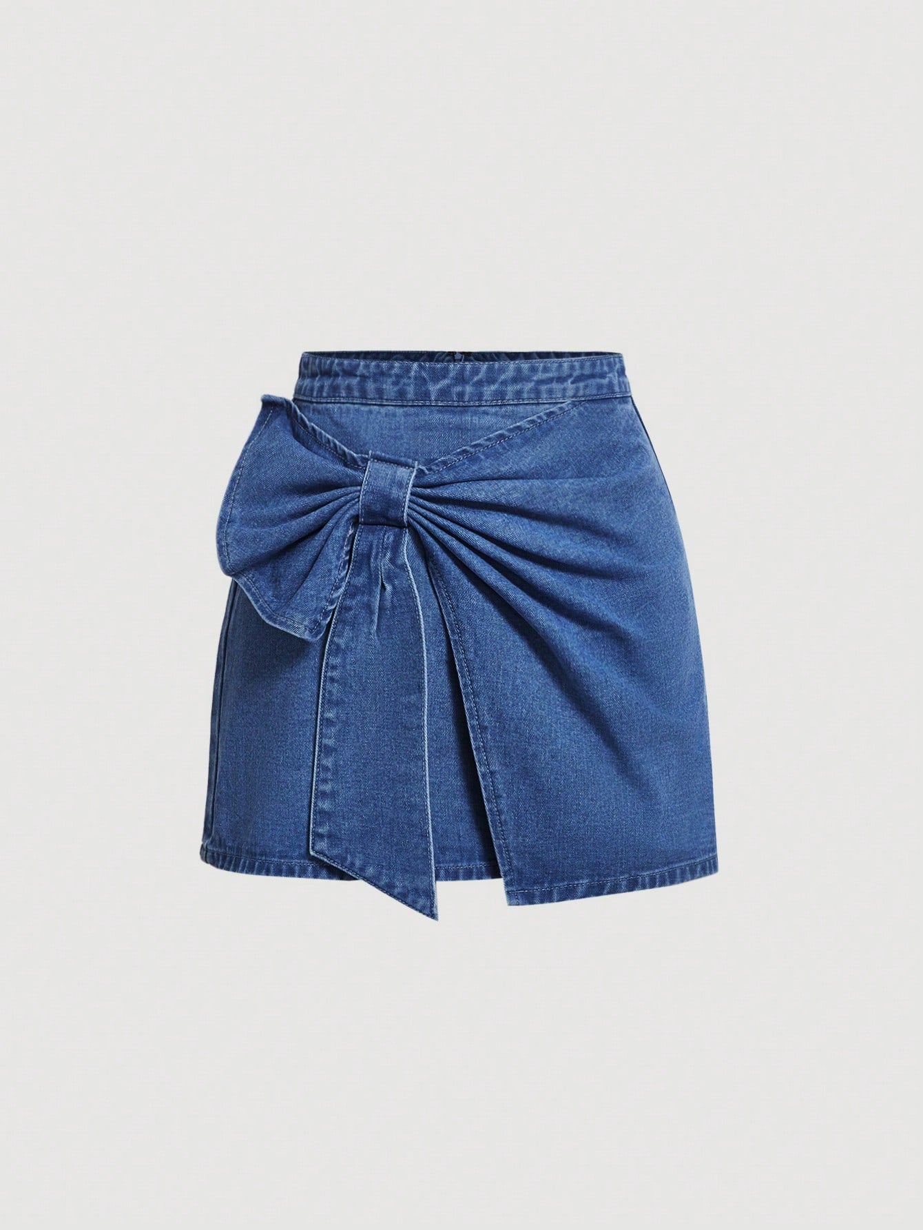 Chic High-Waisted Denim Mini Skirt with Bowknot Detail for a Stylish Look Dark Wash