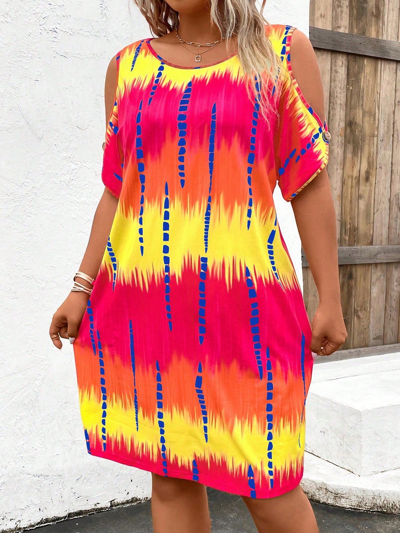 Chic & Comfortable: Plus Size Color Block Open Shoulder Dress Multicolor-6 1XL