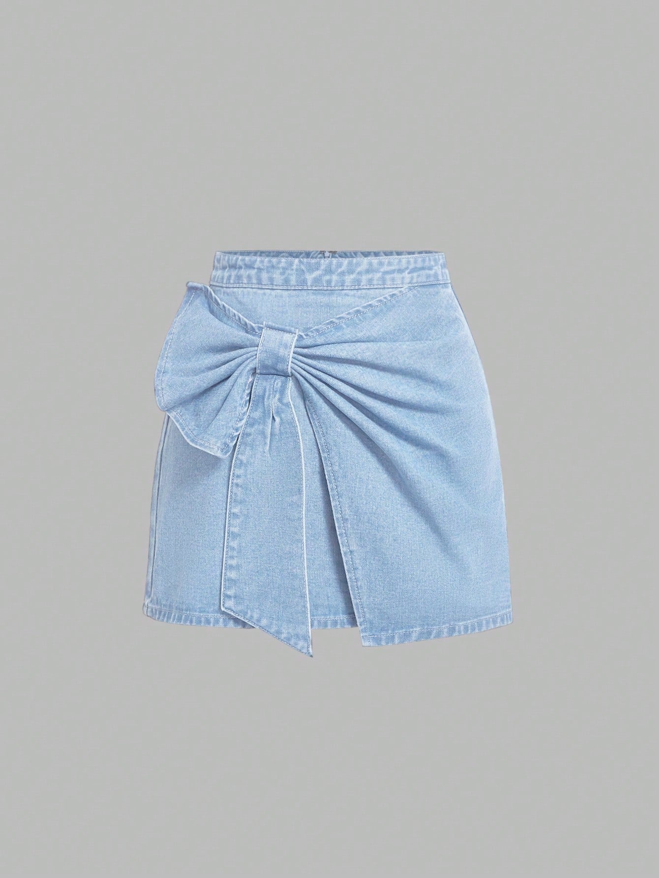 Chic High-Waisted Denim Mini Skirt with Bowknot Detail for a Stylish Look Light Wash