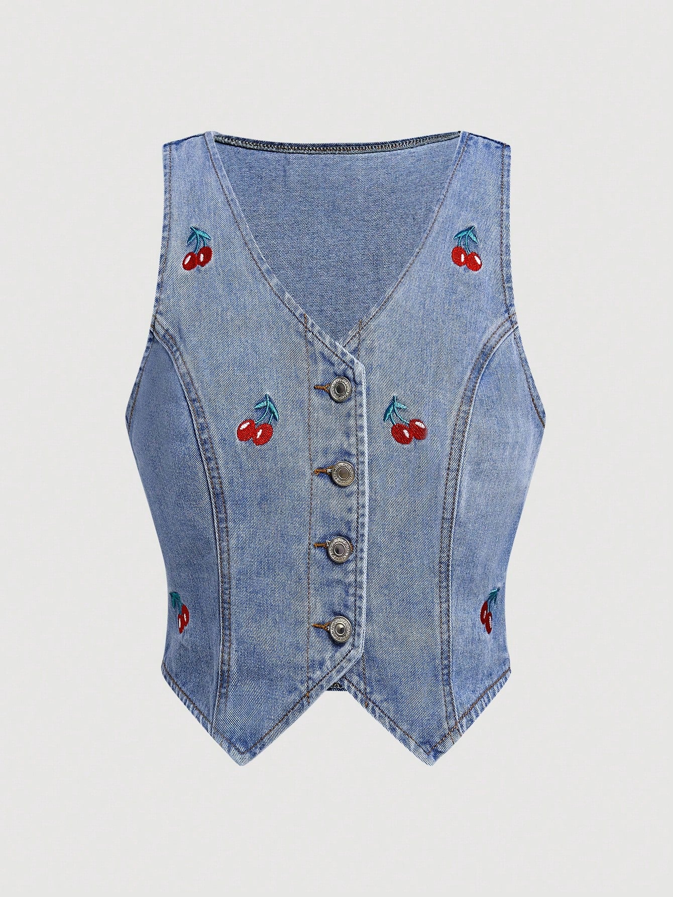 Summer-Ready Women's Casual Cherry Embroidery Sleeveless Denim Jacket