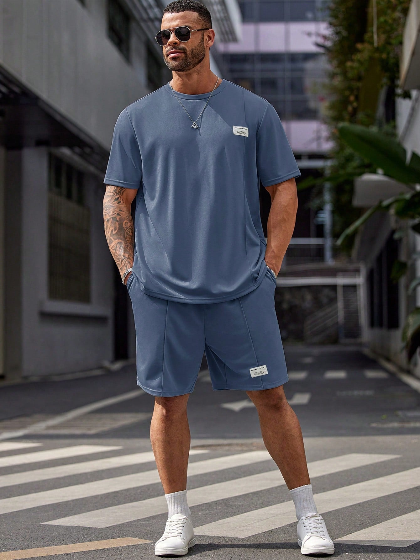 Plus Size Men's Casual T-Shirt and Pajama Pants Set Dusty Blue