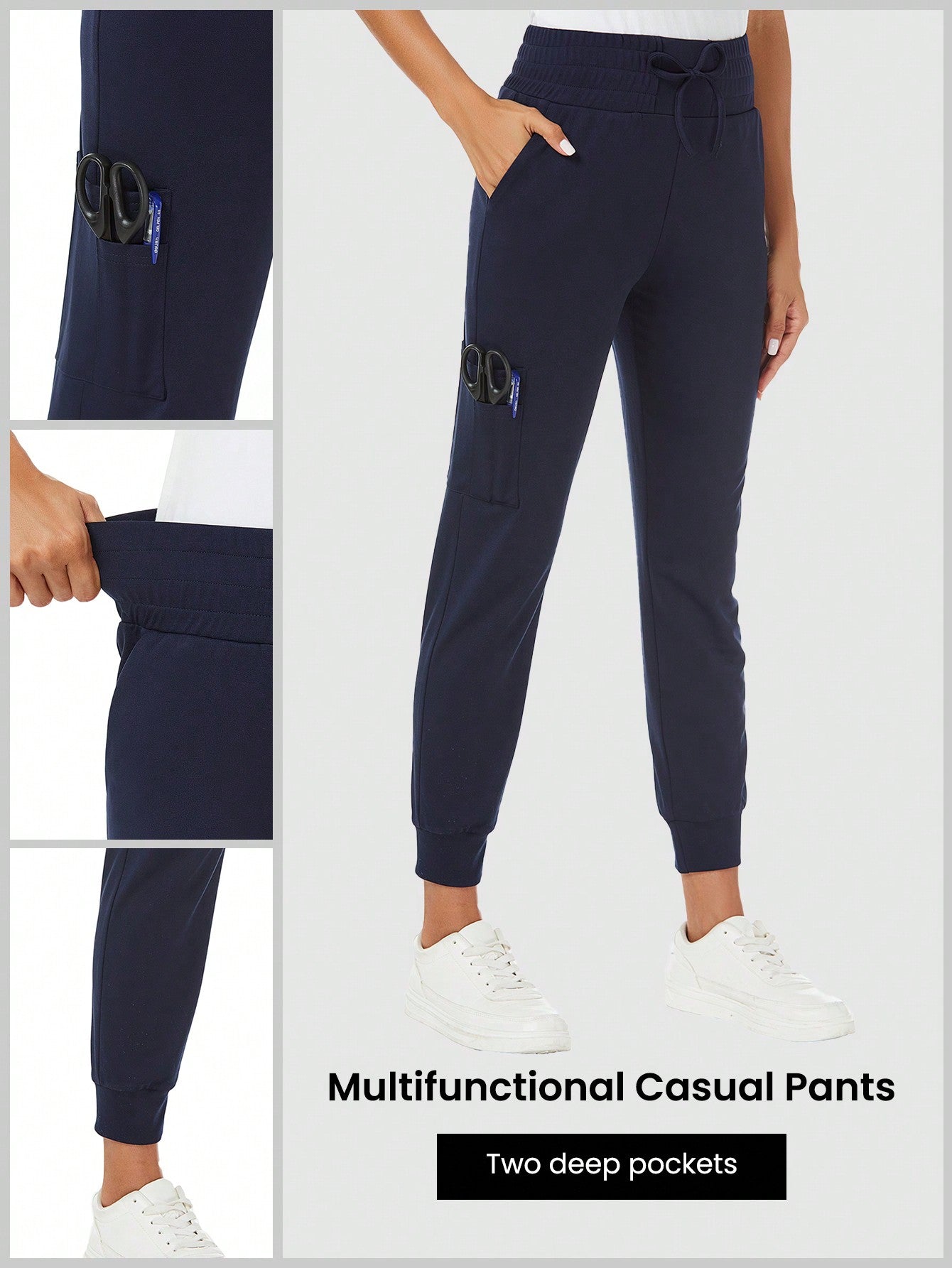 Versatile Solid Color Deep Pocket Scrub Pants for Professionals Navy Blue