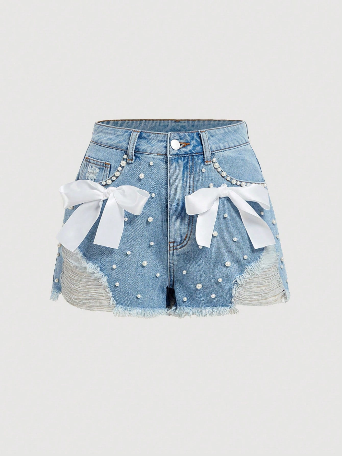 Trendy Distressed Denim Shorts with Pocket Inserts and Bow Details 26 27 28 26-27-28-30-31-
