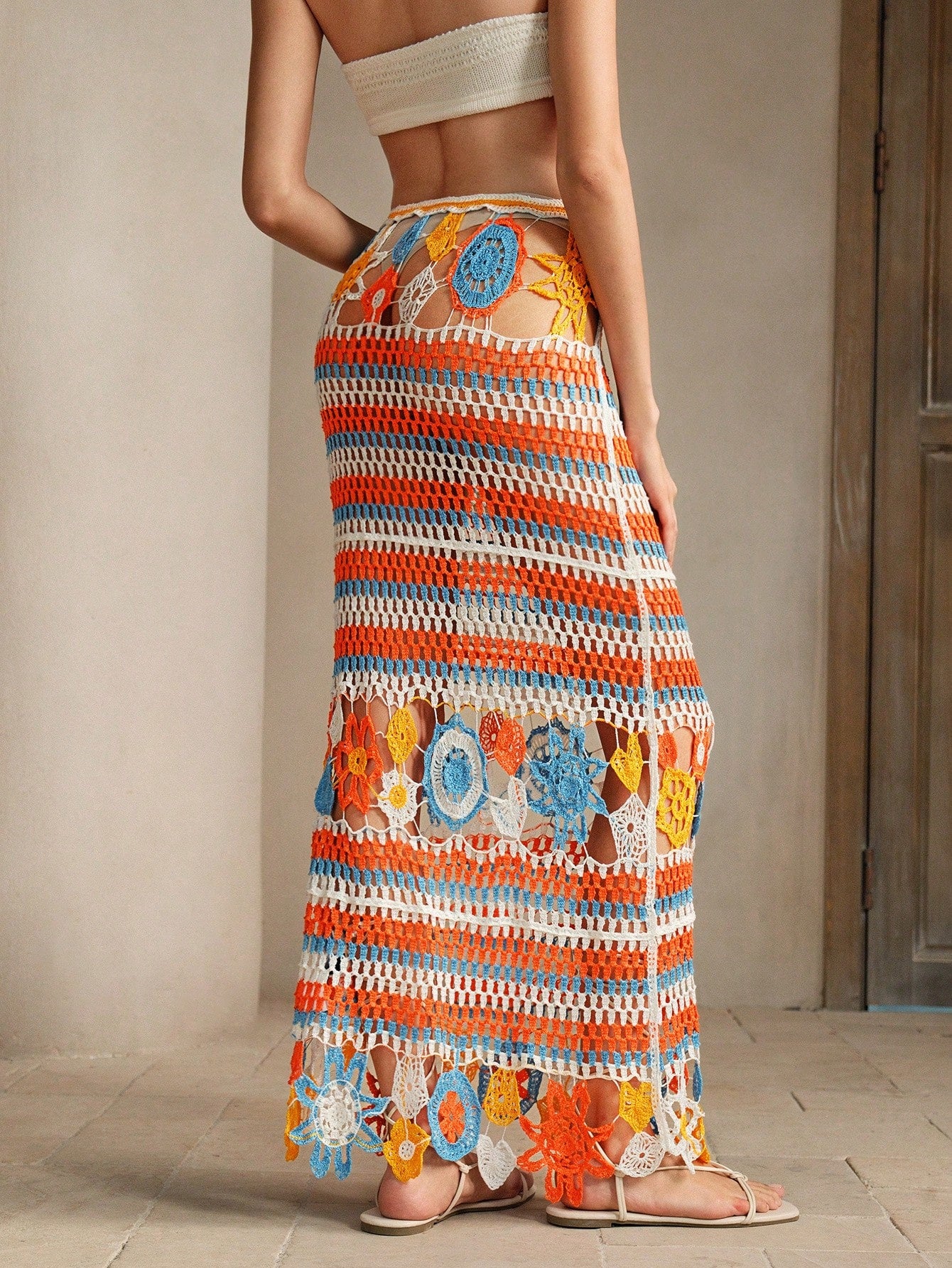 Chic Striped Color Block Hollow-Out Knitted Maxi Skirt for Stylish Summer Beach Days Apricot / S Apricot / M Apricot / L Apricot / S-Apricot / M-Apricot / L-Apricot / XL-White / S-White / M-White / L-White / XL-