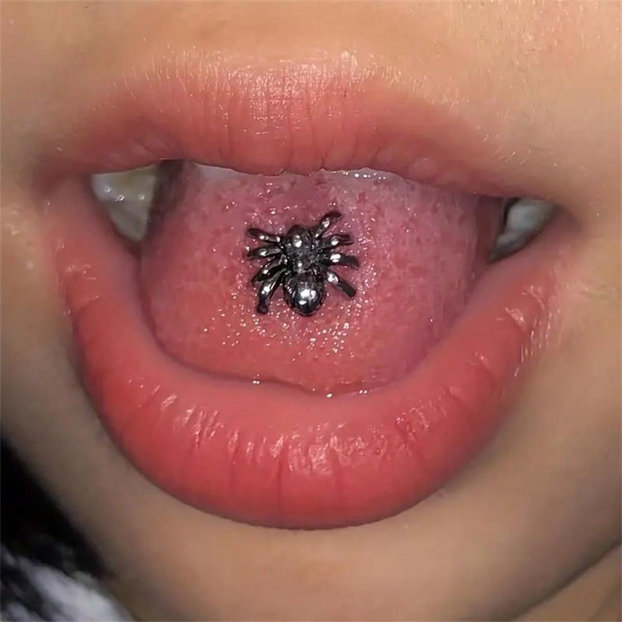 Avant-Garde Spider Tongue Piercing Ring – Dark Elegance 16mm