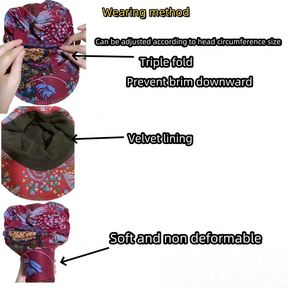 Vintage Floral Print Newsboy Cap - Lightweight, Foldable Sun Hat Flowers Red Flower Blue