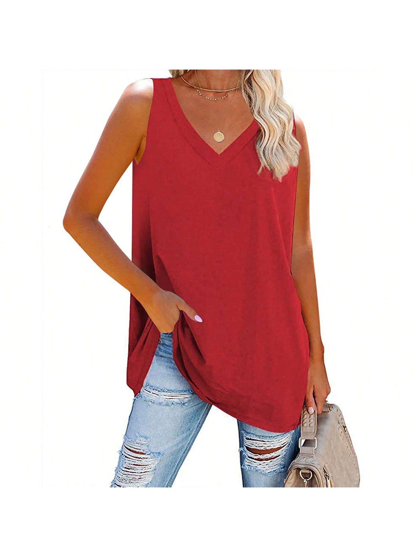 Summer Breeze: Women's V-Neck Loose Fit Casual Tank Top Red