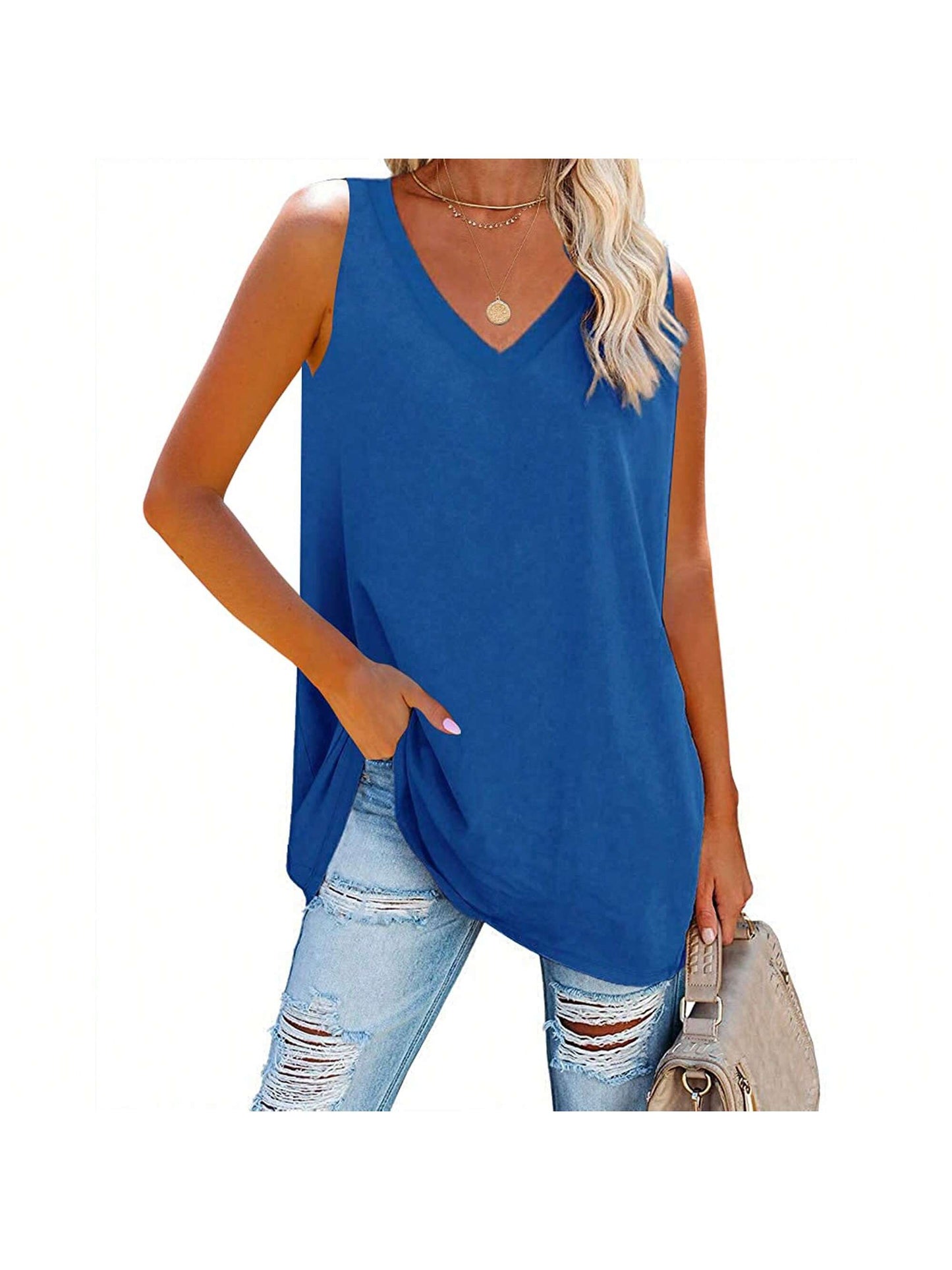 Summer Breeze: Women's V-Neck Loose Fit Casual Tank Top Blue