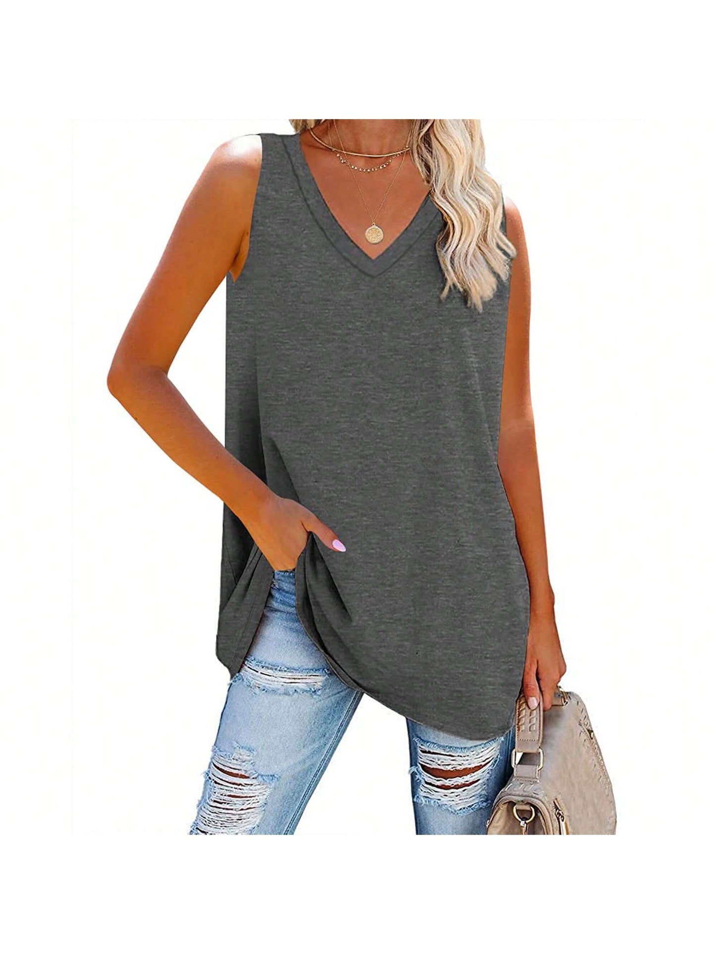 Summer Breeze: Women's V-Neck Loose Fit Casual Tank Top Dark Grey