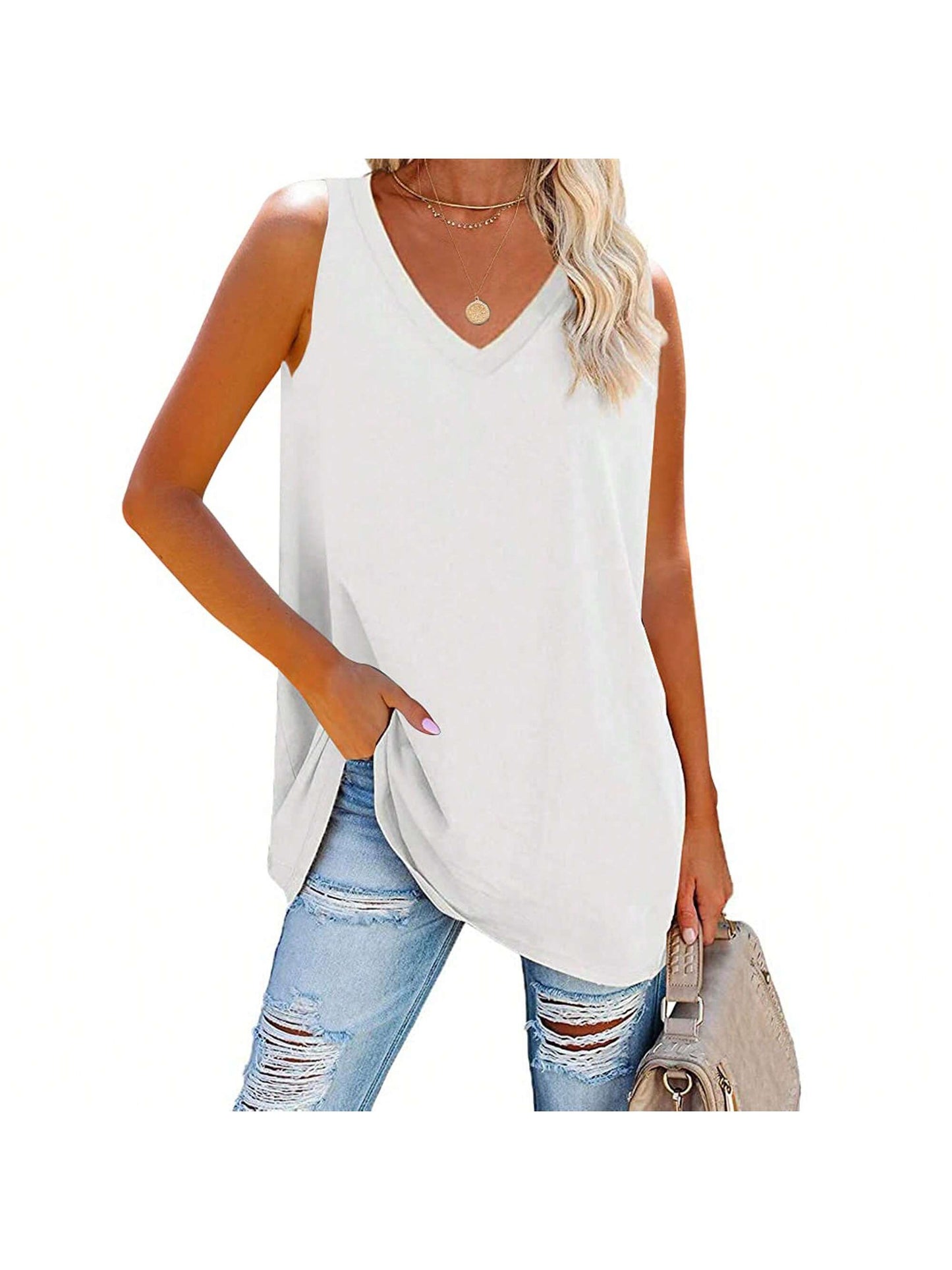 Summer Breeze: Women's V-Neck Loose Fit Casual Tank Top White