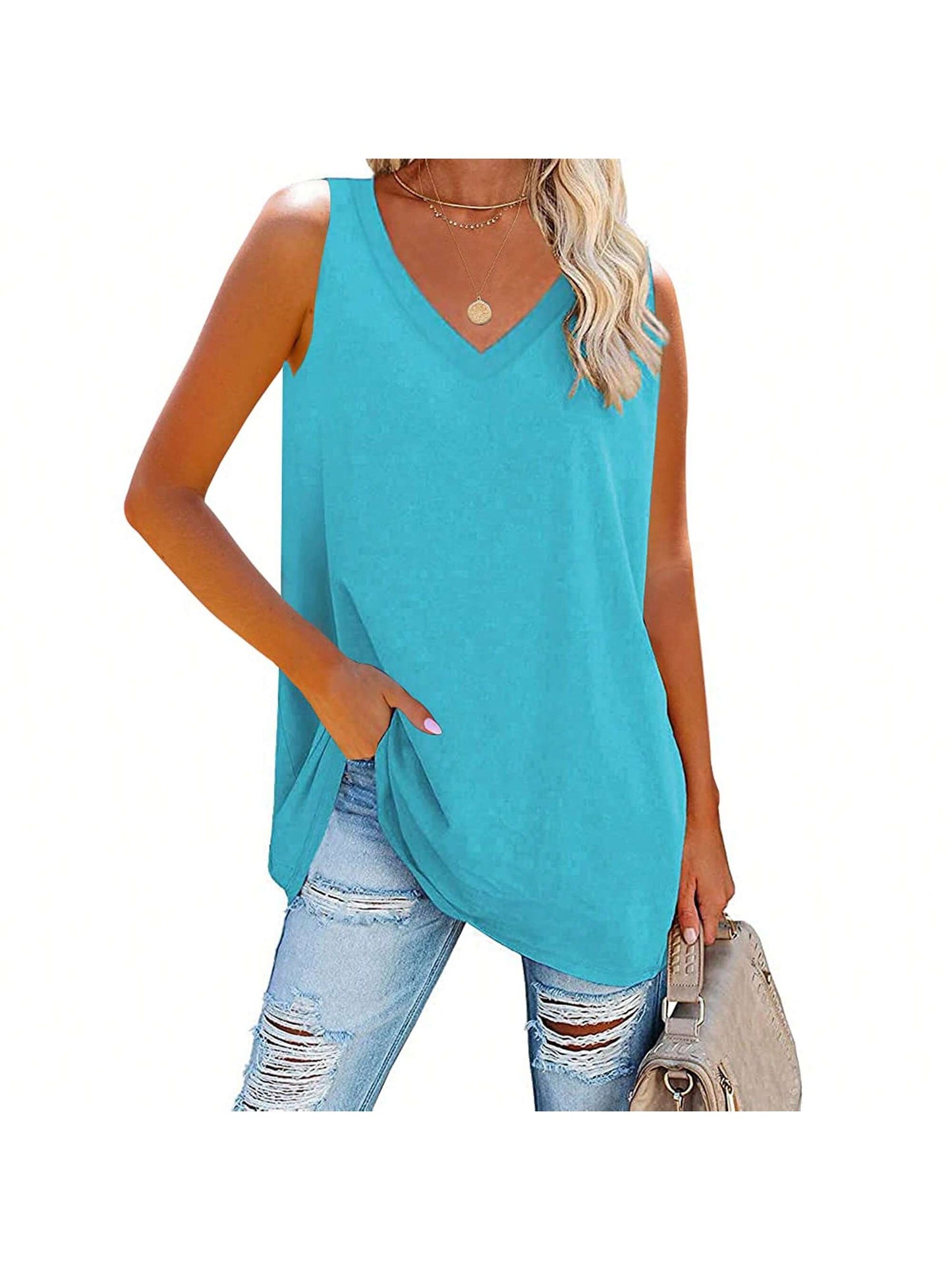 Summer Breeze: Women's V-Neck Loose Fit Casual Tank Top Baby Blue
