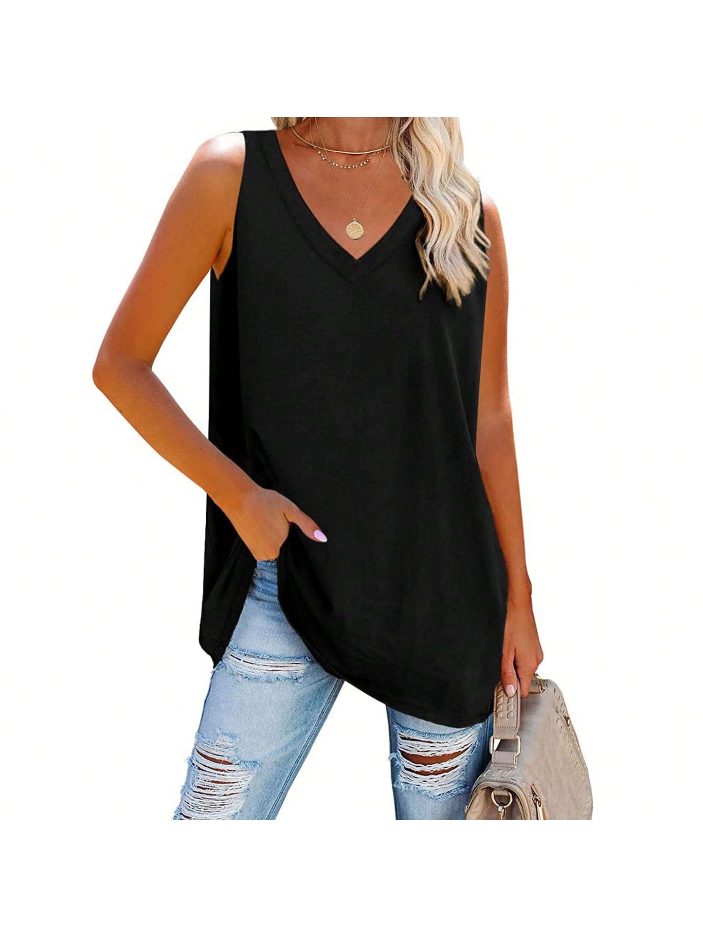 Summer Breeze: Women's V-Neck Loose Fit Casual Tank Top Black