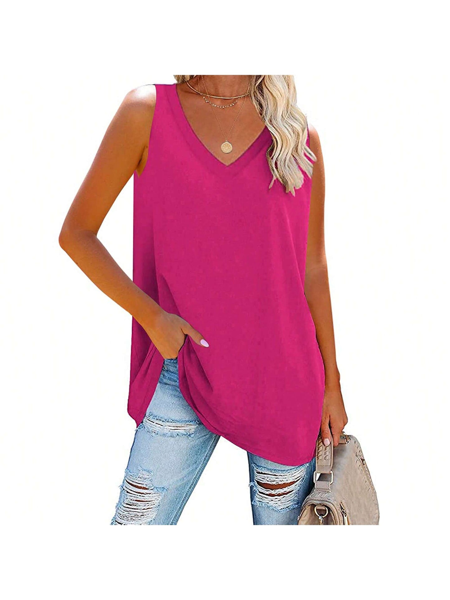 Summer Breeze: Women's V-Neck Loose Fit Casual Tank Top Hot Pink