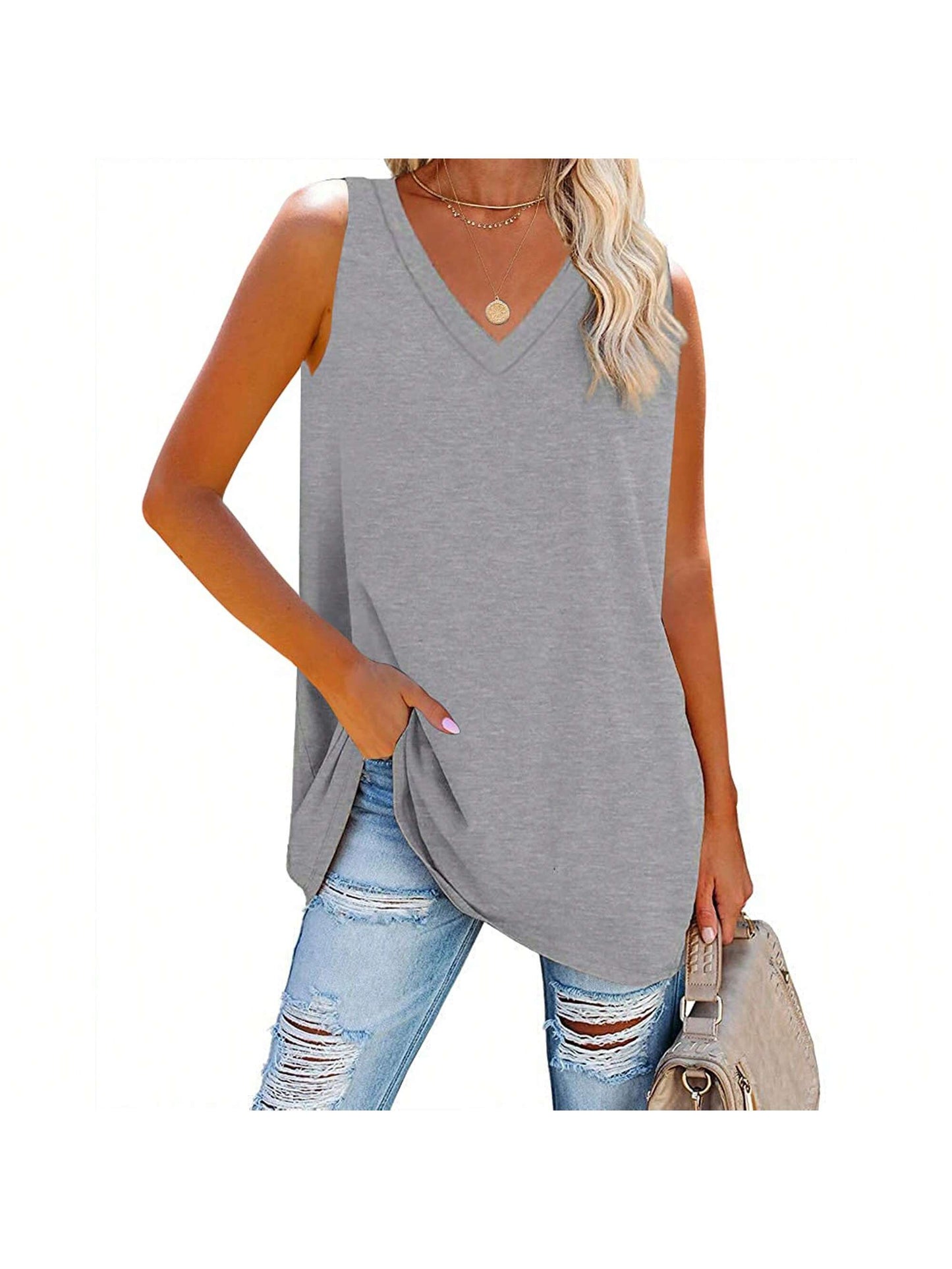Summer Breeze: Women's V-Neck Loose Fit Casual Tank Top Grey