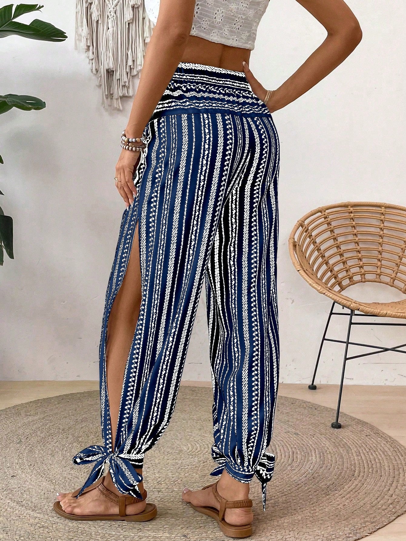 Women's Floral Striped Side Slit Casual Vacation Pants for Effortless Style Multicolor / S Multicolor / M Multicolor / L Multicolor / S-Multicolor / M-Multicolor / L-Multicolor / XL-Blue and White / S-Blue and White / M-Blue and White / L-Blue and White / XL-