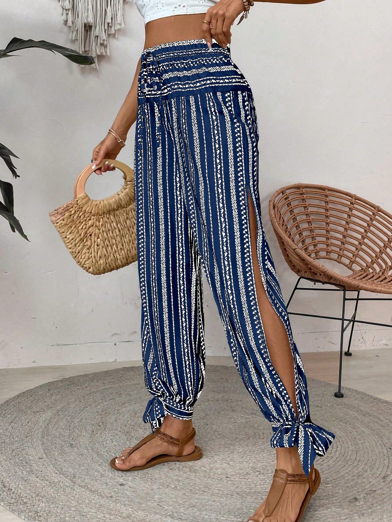 Women's Floral Striped Side Slit Casual Vacation Pants for Effortless Style Multicolor / S Multicolor / M Multicolor / L Multicolor / S-Multicolor / M-Multicolor / L-Multicolor / XL-Blue and White / S-Blue and White / M-Blue and White / L-Blue and White / XL-