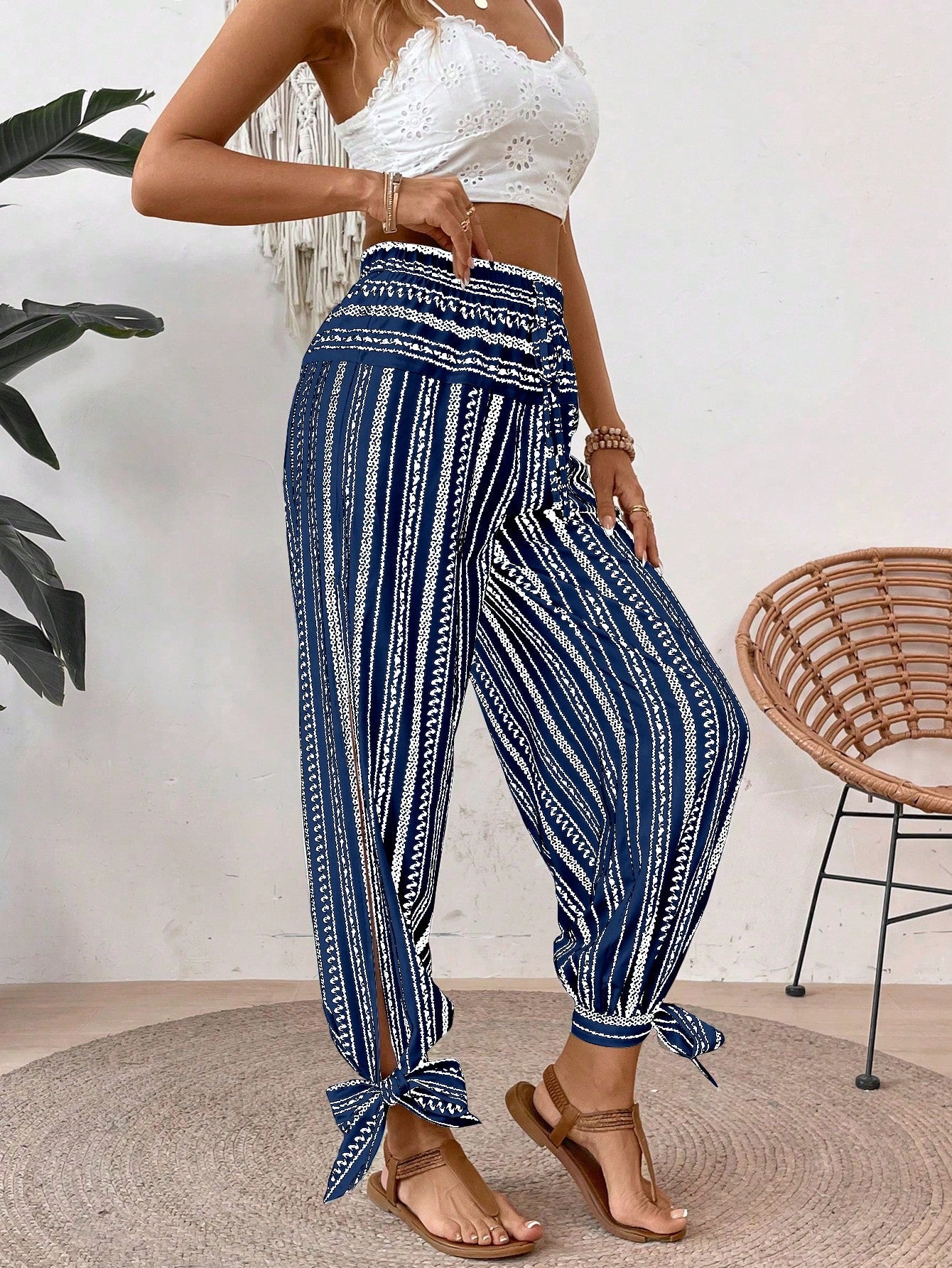 Women's Floral Striped Side Slit Casual Vacation Pants for Effortless Style Multicolor / S Multicolor / M Multicolor / L Multicolor / S-Multicolor / M-Multicolor / L-Multicolor / XL-Blue and White / S-Blue and White / M-Blue and White / L-Blue and White / XL-