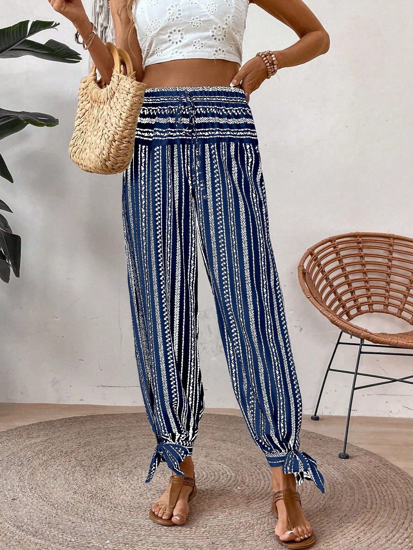 Women's Floral Striped Side Slit Casual Vacation Pants for Effortless Style Multicolor / S Multicolor / M Multicolor / L Multicolor / S-Multicolor / M-Multicolor / L-Multicolor / XL-Blue and White / S-Blue and White / M-Blue and White / L-Blue and White / XL-