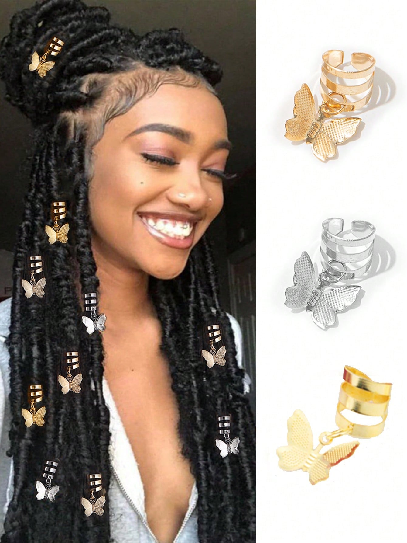 Charming Butterfly Dreadlock Hair Rings - 20pcs Adjustable Alloy Cuffs with Tassels one-size / Mixed Colors one-size / Silver