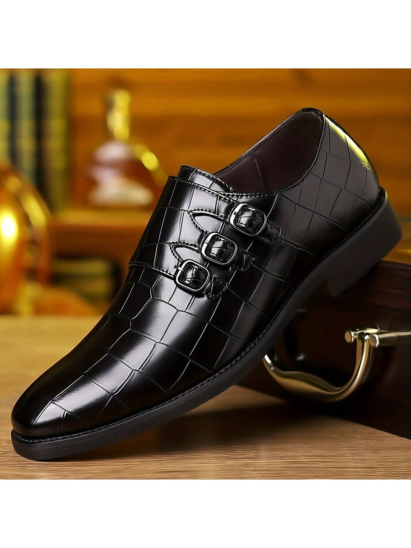 “Men's Stone Textured Monk Shoes - Stylish Elegance for Every Occasion” Black