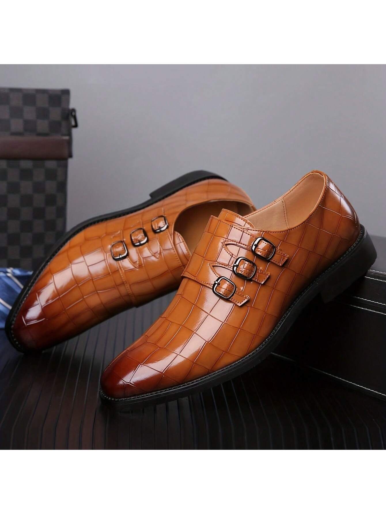 “Men's Stone Textured Monk Shoes - Stylish Elegance for Every Occasion” Brown