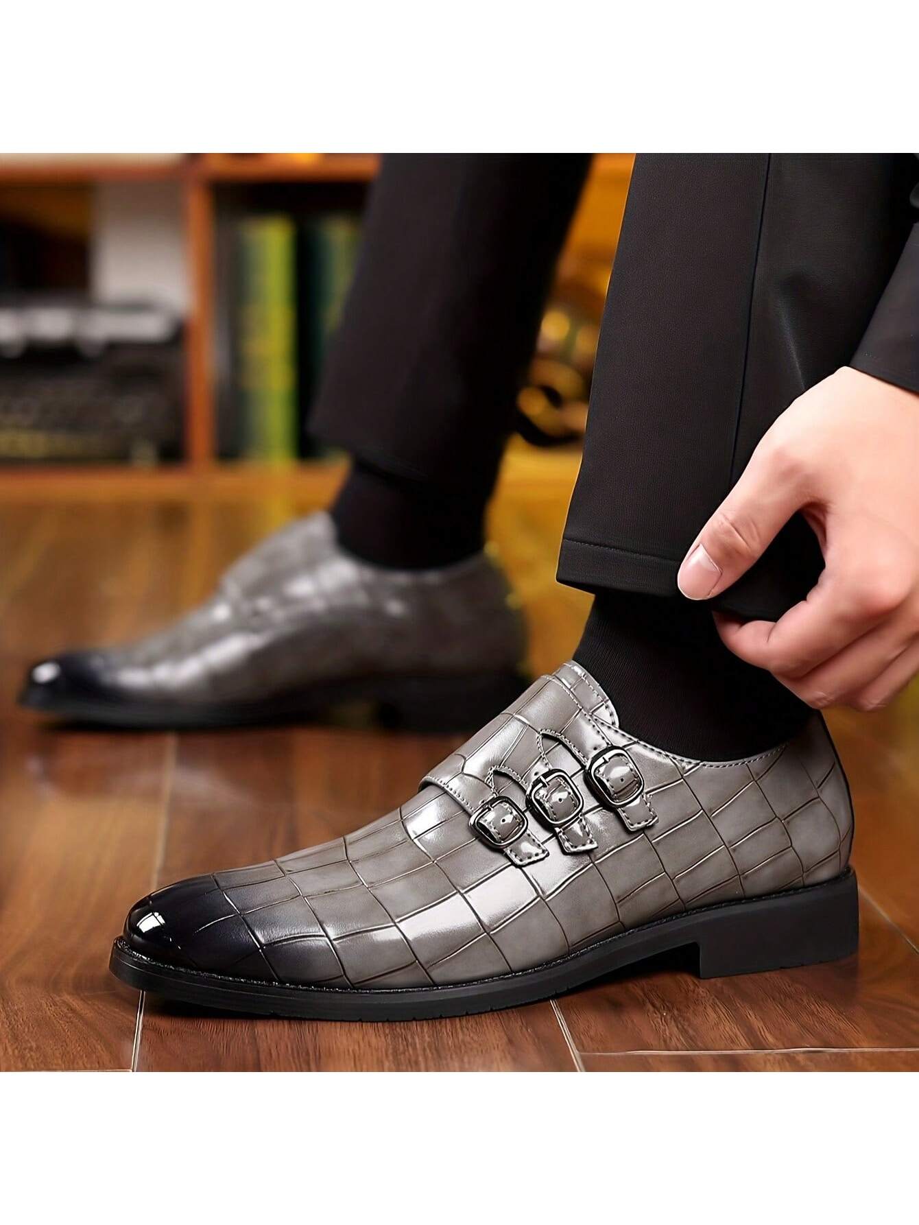 “Men's Stone Textured Monk Shoes - Stylish Elegance for Every Occasion” Grey