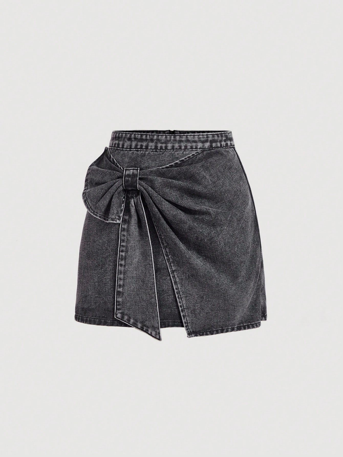 Chic High-Waisted Denim Mini Skirt with Bowknot Detail for a Stylish Look Black