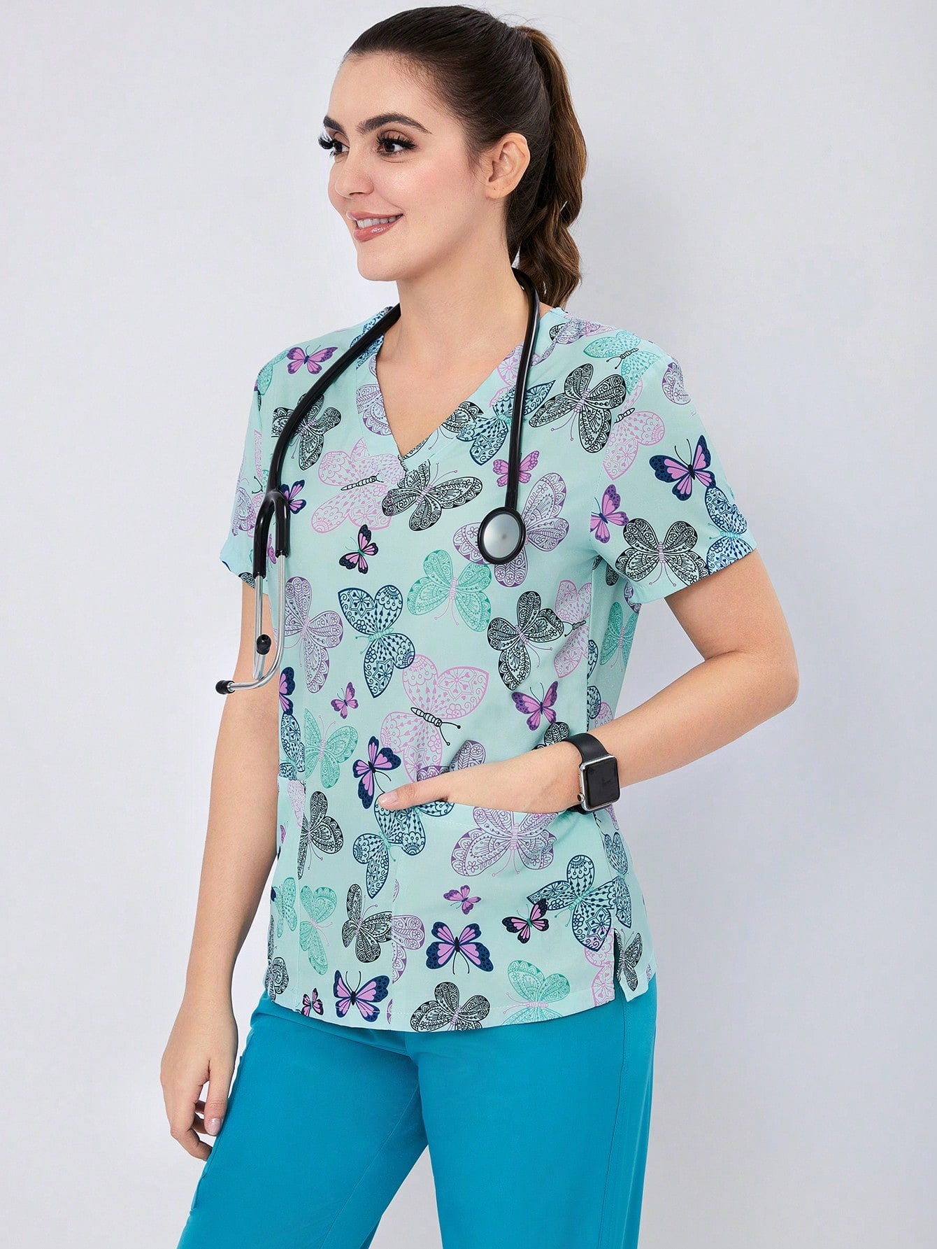 Breathable Women's Digital Printed Elastic Sports Scrub Top with Pockets Purple / XS Purple / S Purple / M Purple / XS-Purple / S-Purple / M-Purple / L-Purple / XL-Purple / XXL-Multicolor / S-Multicolor / M-Multicolor / L-Multicolor / XL-Multicolor / XXL-