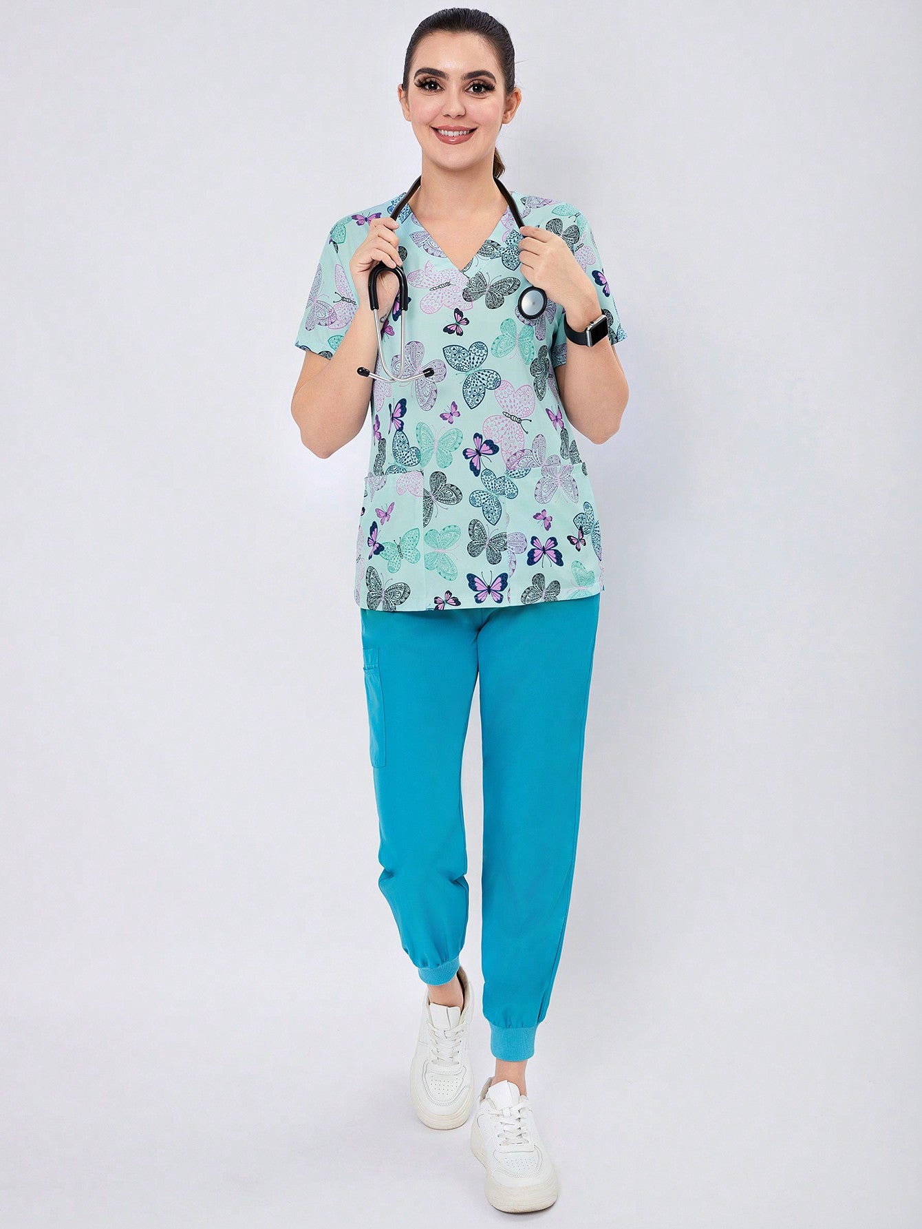 Breathable Women's Digital Printed Elastic Sports Scrub Top with Pockets Purple / XS Purple / S Purple / M Purple / XS-Purple / S-Purple / M-Purple / L-Purple / XL-Purple / XXL-Multicolor / S-Multicolor / M-Multicolor / L-Multicolor / XL-Multicolor / XXL-