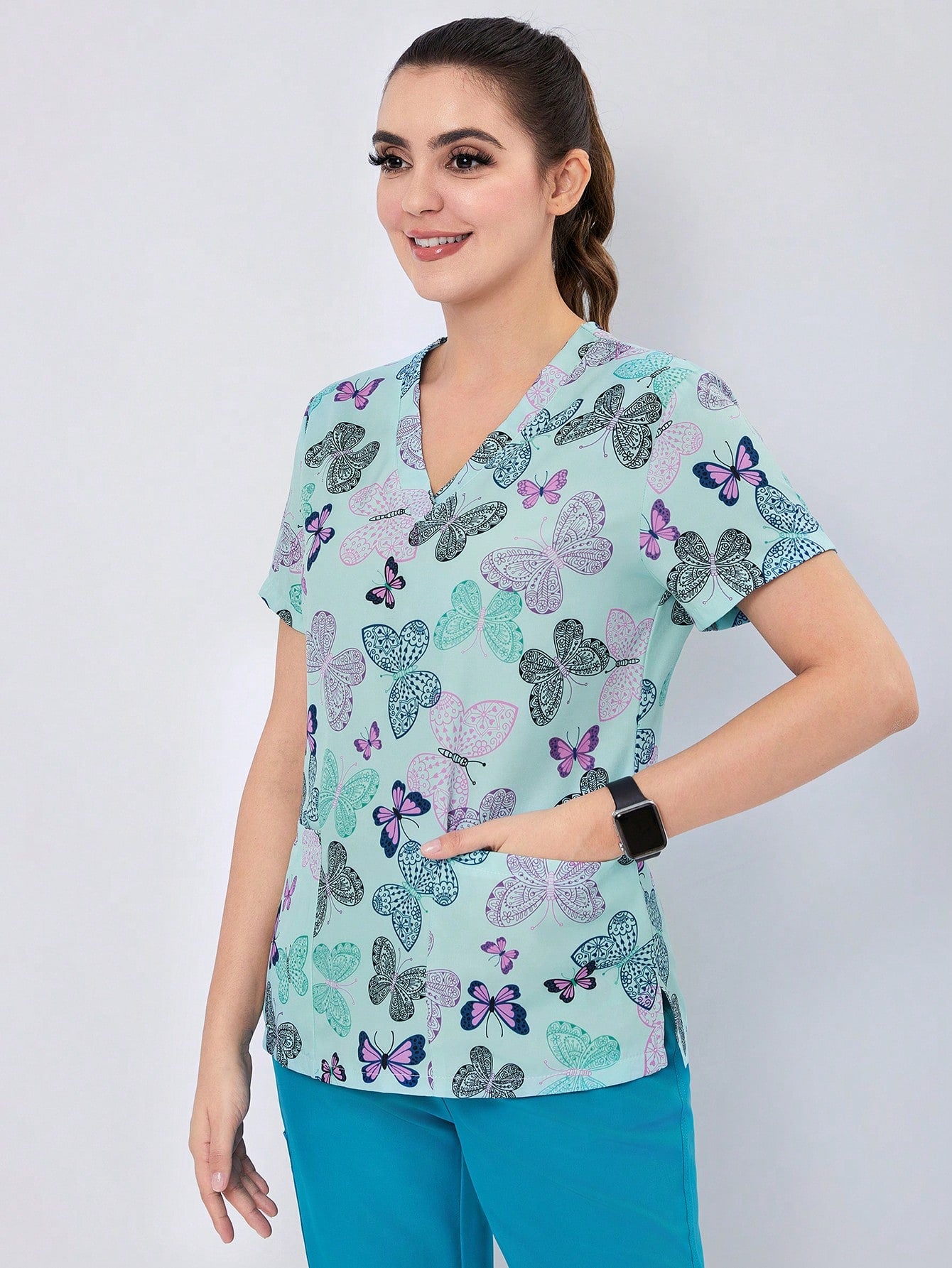Breathable Women's Digital Printed Elastic Sports Scrub Top with Pockets Purple / XS Purple / S Purple / M Purple / XS-Purple / S-Purple / M-Purple / L-Purple / XL-Purple / XXL-Multicolor / S-Multicolor / M-Multicolor / L-Multicolor / XL-Multicolor / XXL-