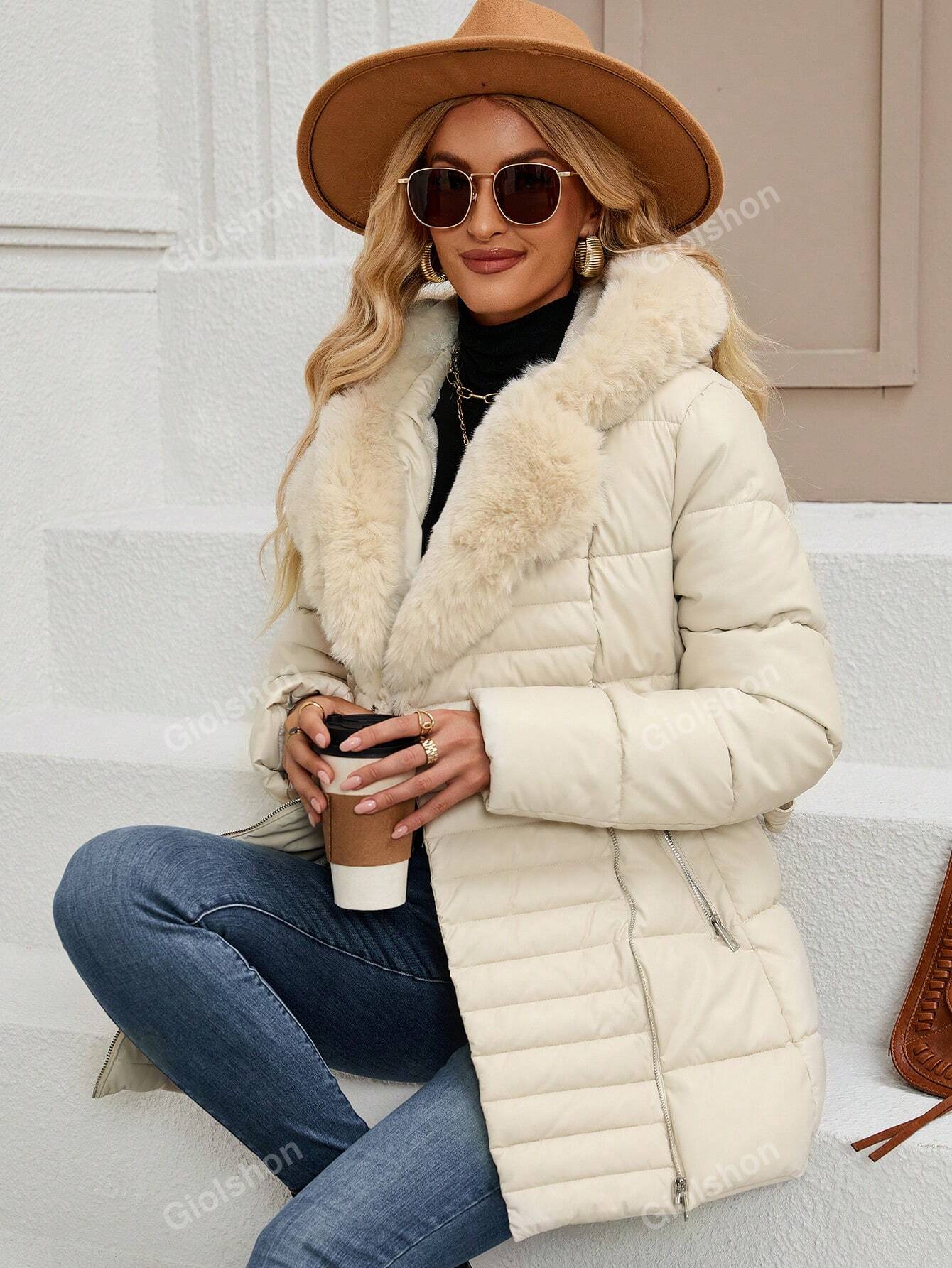 Chic & Cozy: Women's Minimalist Fleece Coat with Elegant Hood & Fluffy Collar