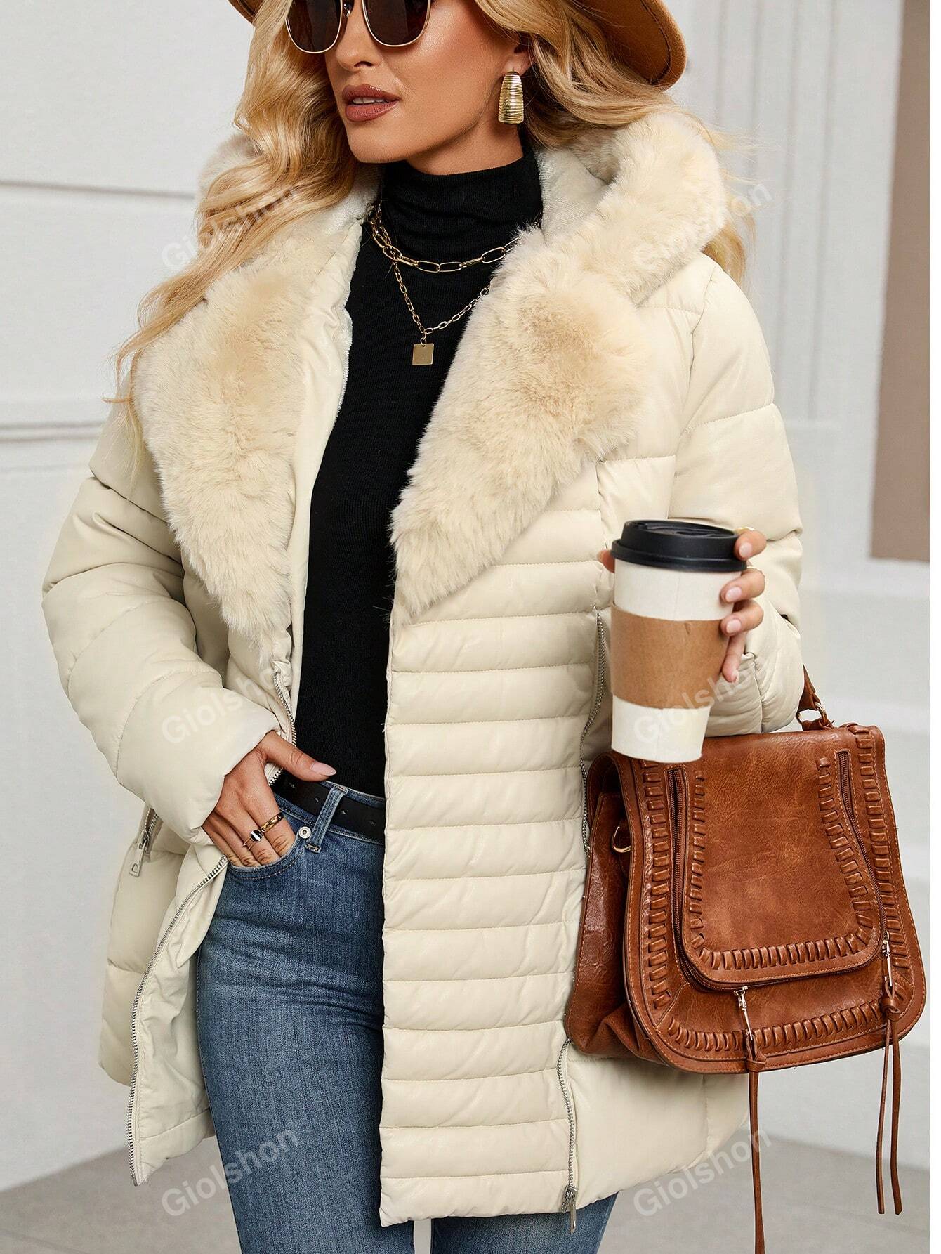 Chic & Cozy: Women's Minimalist Fleece Coat with Elegant Hood & Fluffy Collar