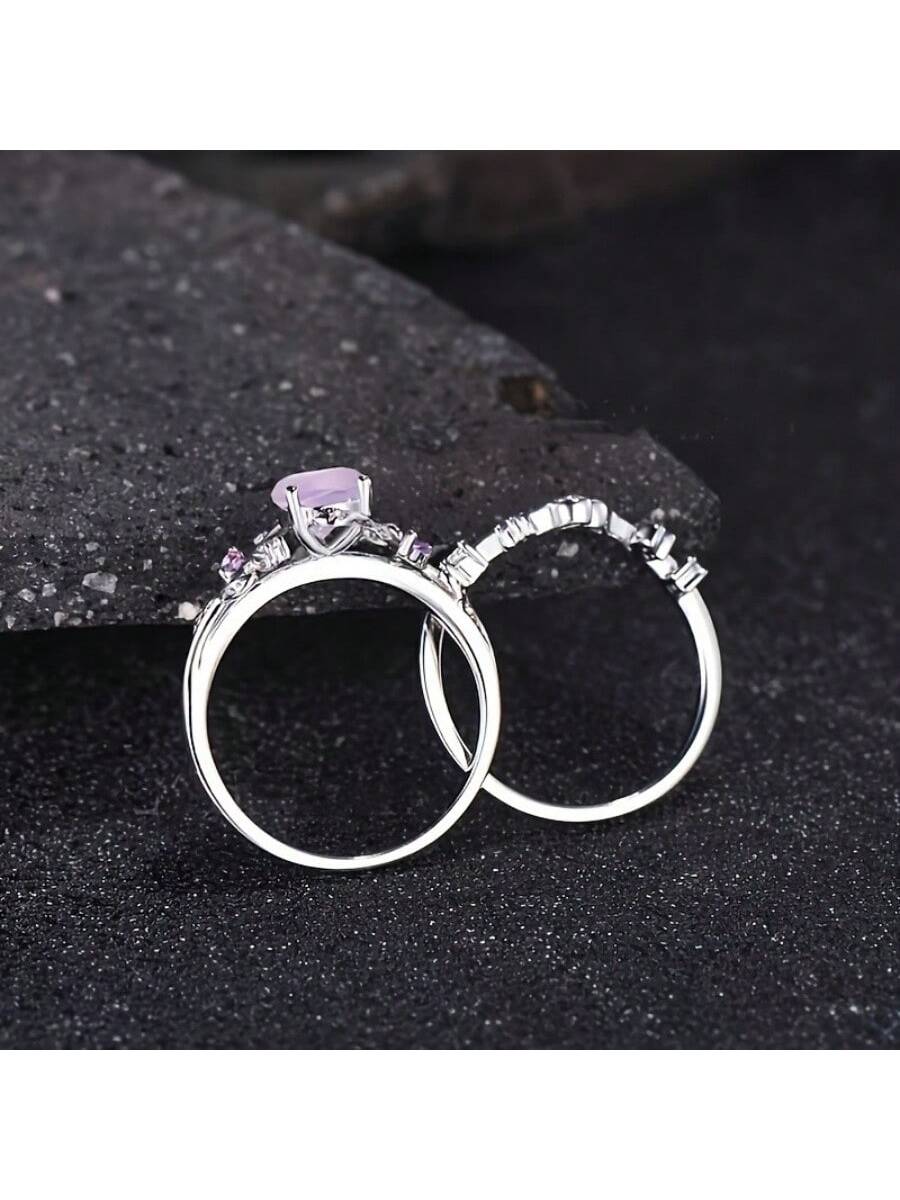 Charming Pink Heart-Shaped Cubic Zirconia Engagement Ring Set 5 6