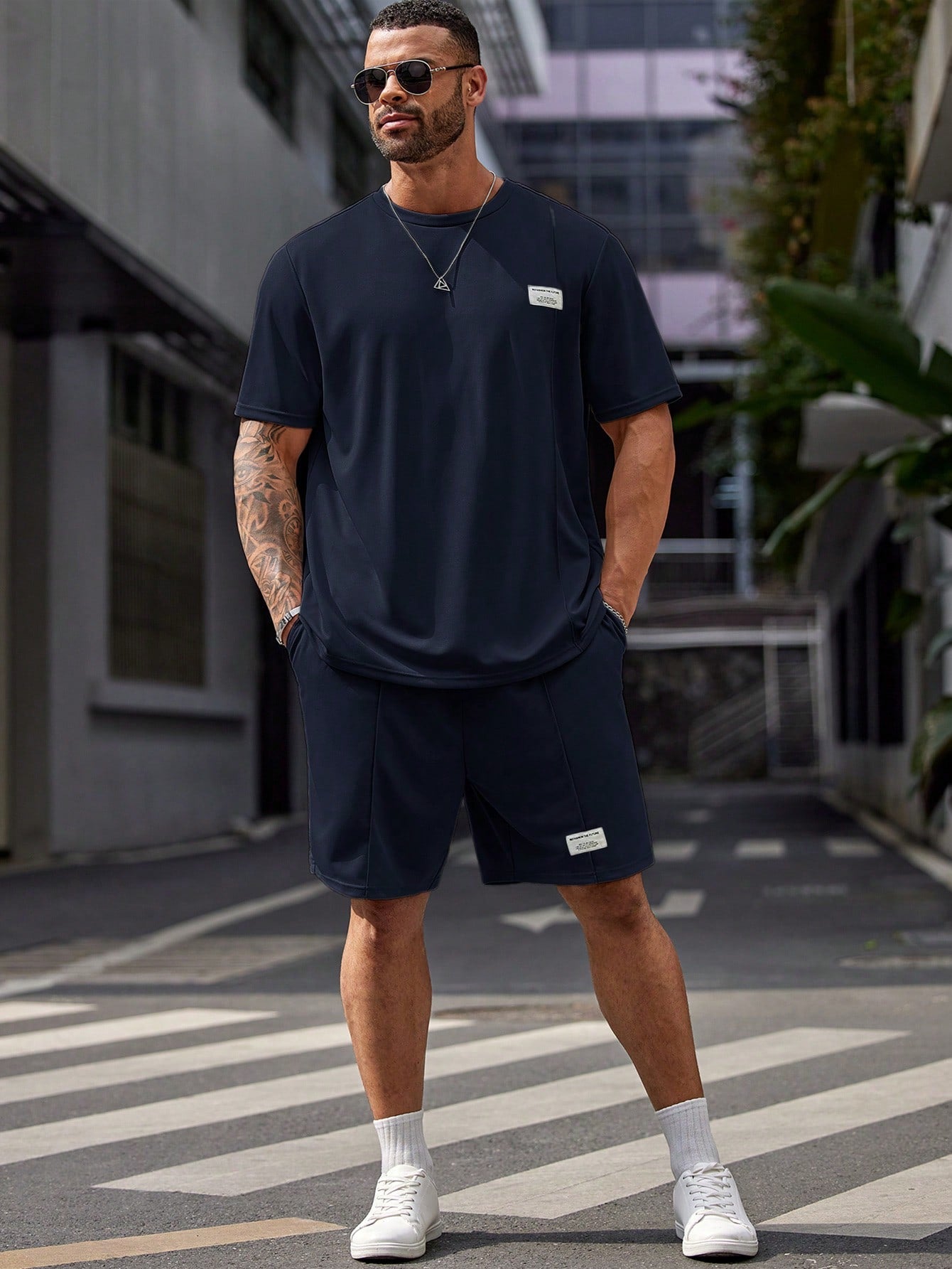 Plus Size Men's Casual T-Shirt and Pajama Pants Set Navy Blue