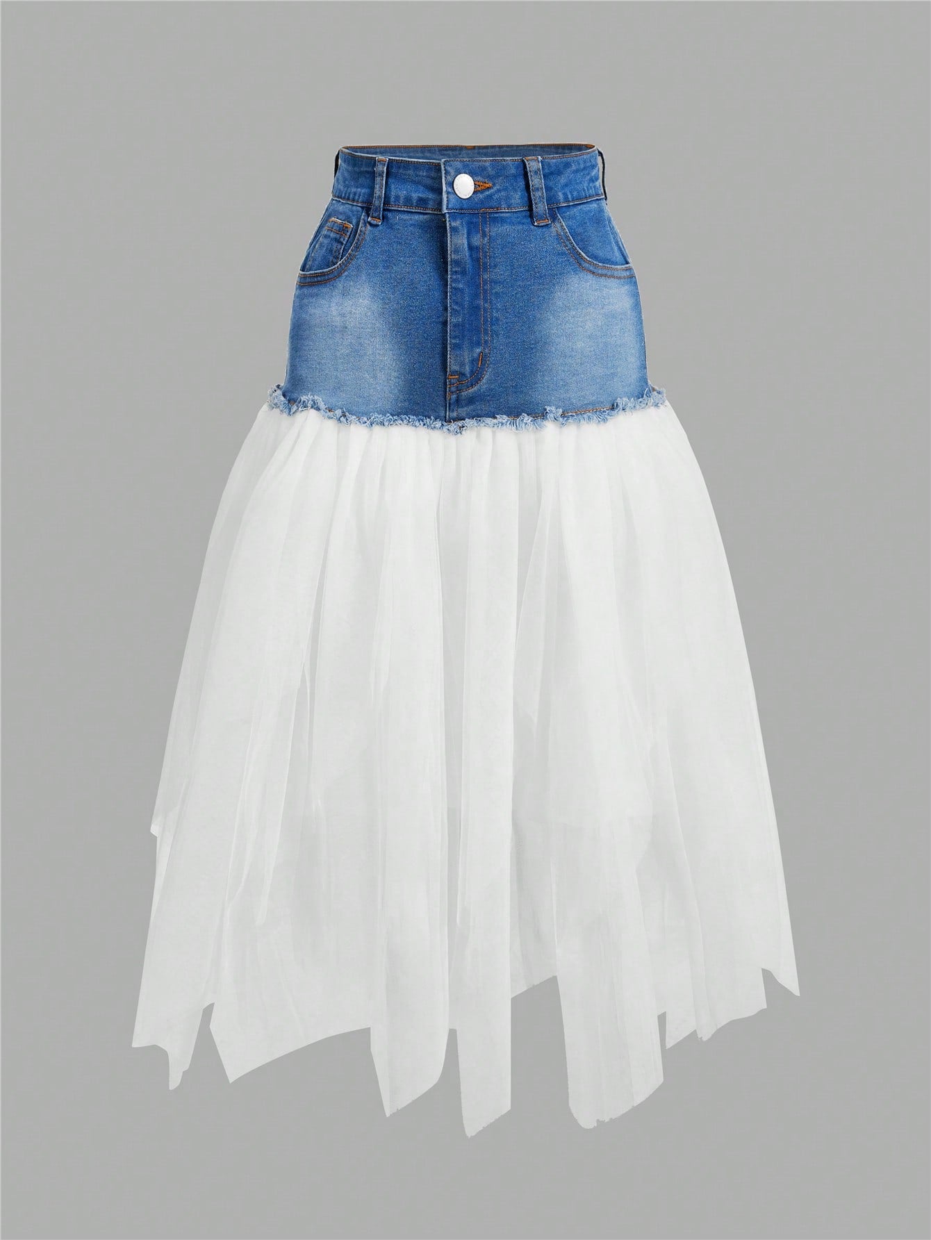 Chic & Versatile: Ladies' A-Line Denim Mesh Contrast Skirt XS S M XS-S-M-L-XL-
