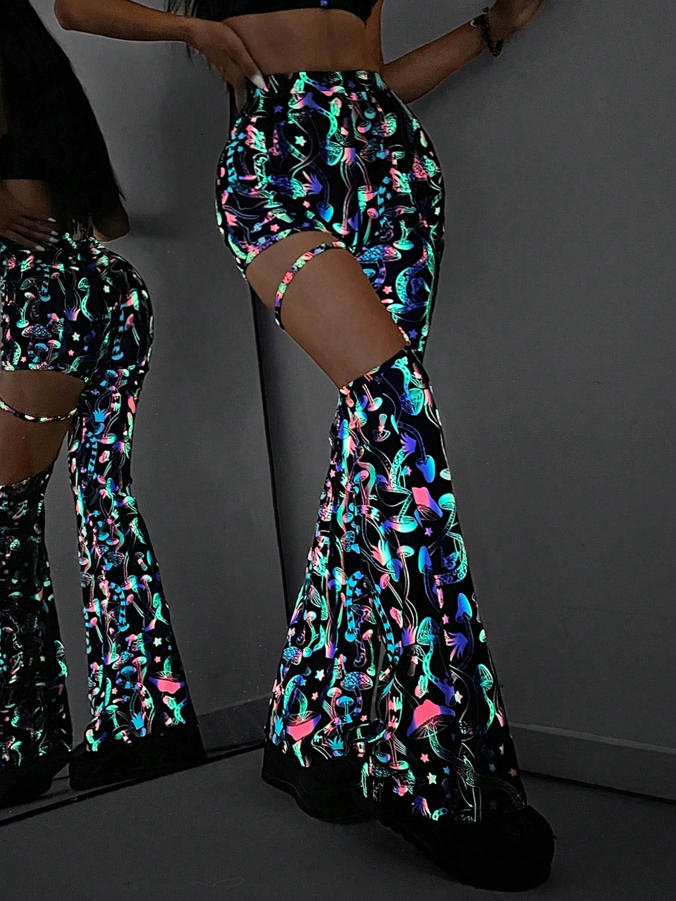 Chic Reflective Colorful Mushroom Cutout High-Waist Flared Pants for Trendy Y2K Style Multicolor / S Multicolor / M Multicolor / L Multicolor / S-Multicolor / M-Multicolor / L-Multicolor / XL-Multicolor-2 / S-Multicolor-2 / M-Multicolor-2 / L-Multicolor-2 / XL-